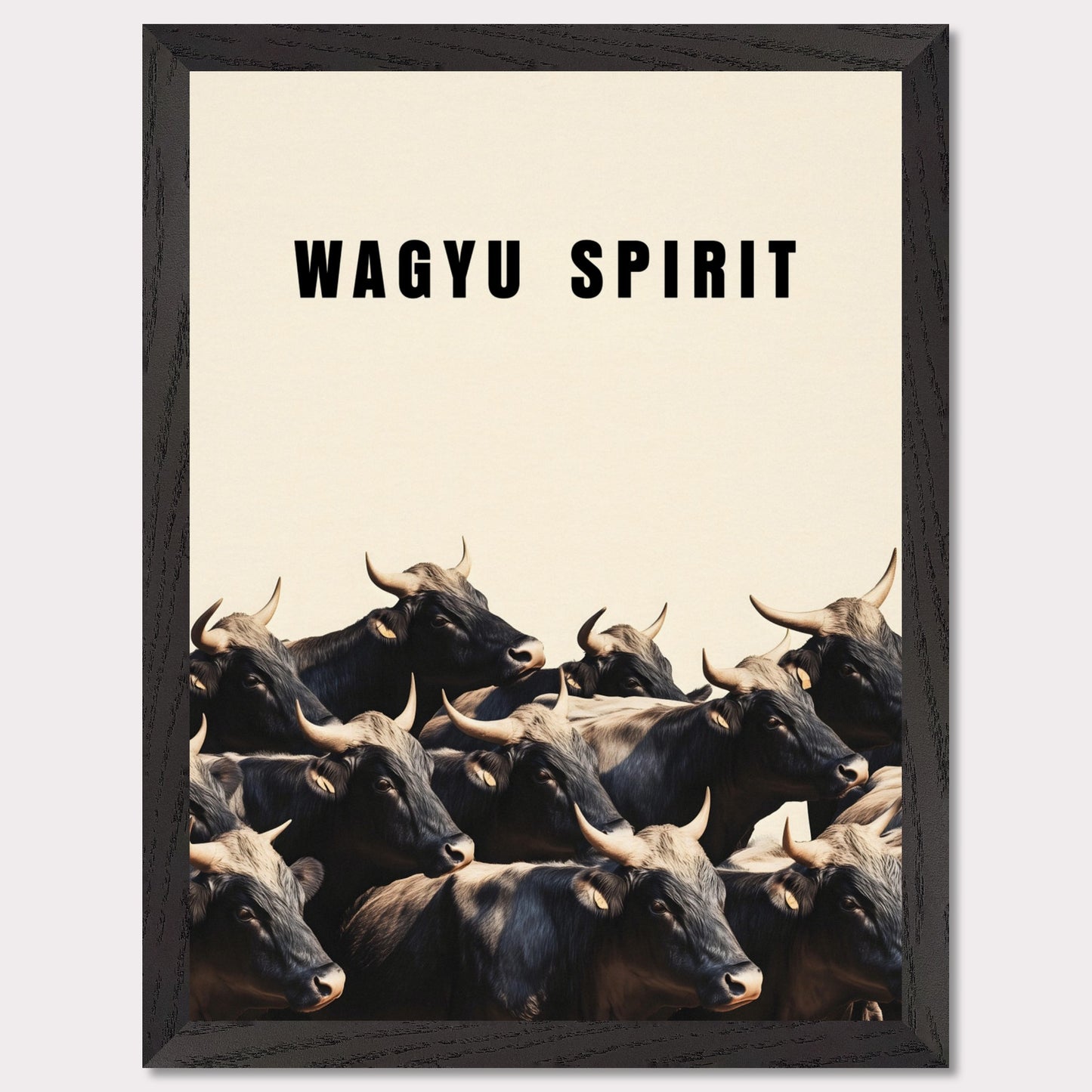 This illustration shows a group of black cattle with horns, set against a light background. The text "WAGYU SPIRIT" is prominently displayed at the top.
This poster will fit well in a kitchen, dining area, restaurant, or any space related to food and culinary arts.