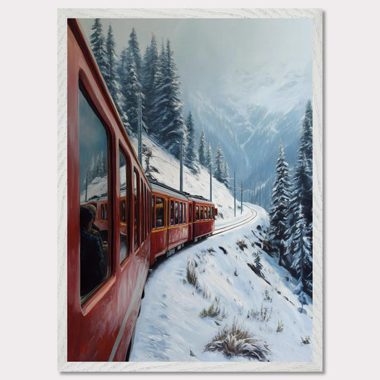 A red alpine train rounds a snow-covered bend, threading between pine-clad slopes and winter valleys. Reflections in the windows hint at warm journeys through a frozen world. This image hums with motion and memory — an homage to travel, contrast, and time.