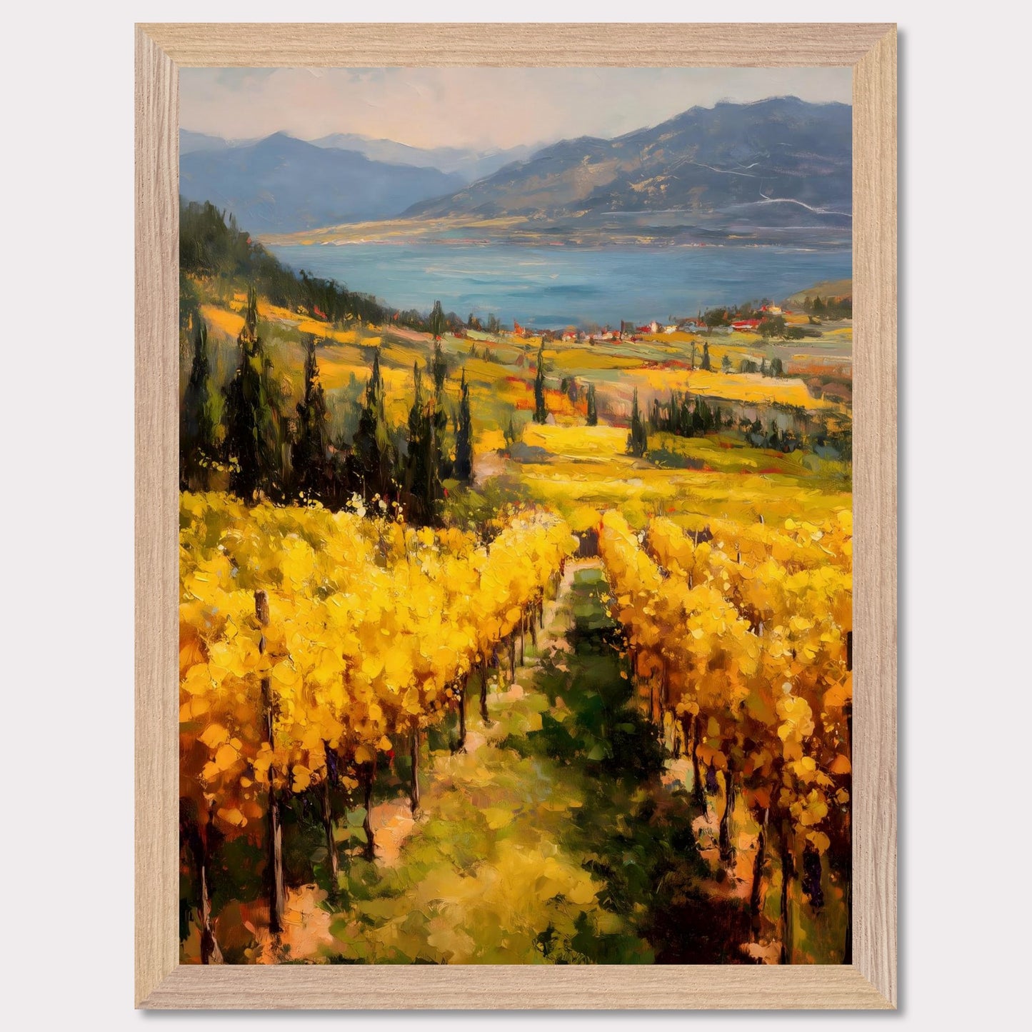 A row of sunlit grapevines leads into rolling fields above the lake. Cypress trees and red roofs add rhythm to the patchwork. This image is a painter’s geometry, an ode to land, season, and order.