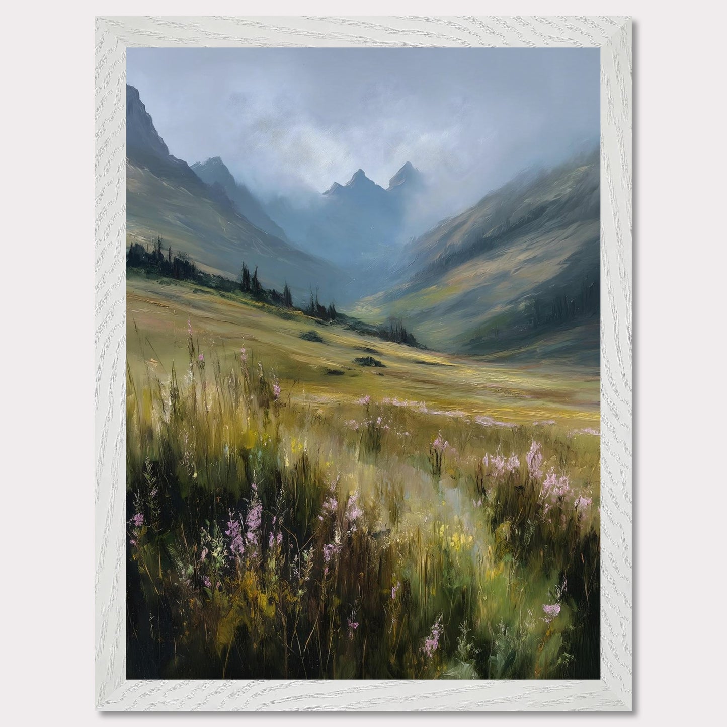 A field of tall alpine grass and soft purple blooms unfolds into misty blue peaks. There's no sign of movement, only the gentle hush of nature breathing. The scene is vast, untamed, and filled with the quiet promise of summer in the highlands.