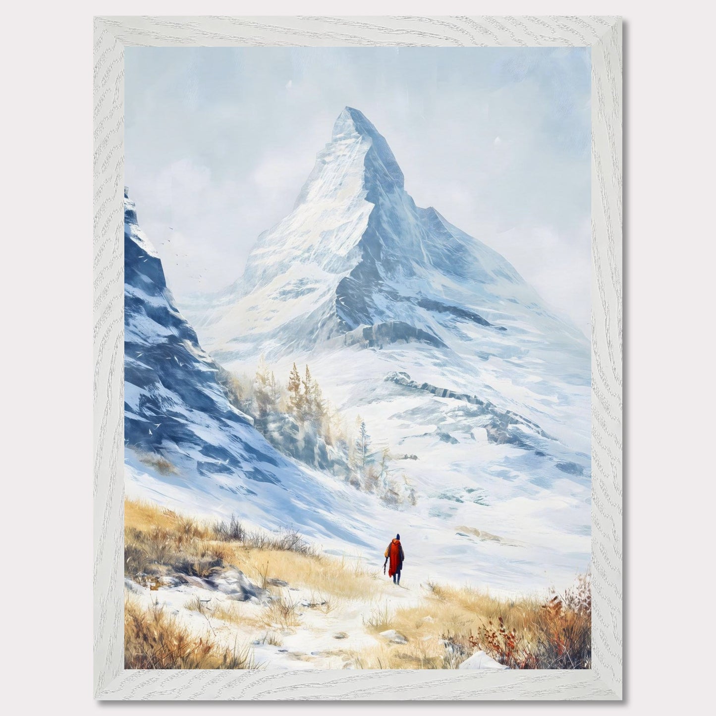 A solitary traveler in red walks toward a towering alpine peak, its icy edges kissed by winter sun. The snow-laced slope opens to a vast, crystalline silence, where motion feels reverent. This image captures the awe of ascent — a tribute to scale, solitude, and stillness.