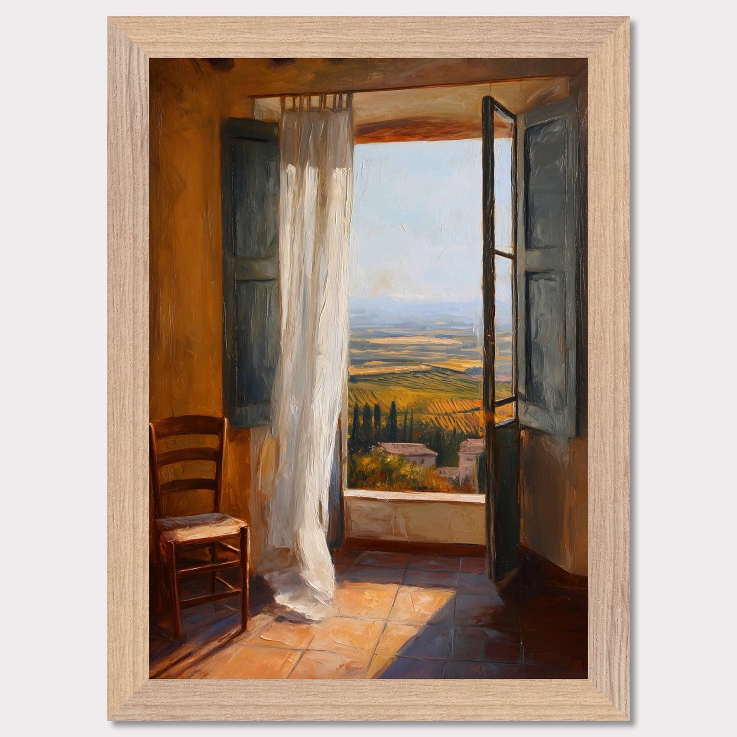 A sheer curtain lifts in warm air as golden vineyards unfold beneath a terracotta sill. A simple wooden chair waits in sunlit silence. This image is a breath of stillness, an ode to rhythm, warmth, and space.