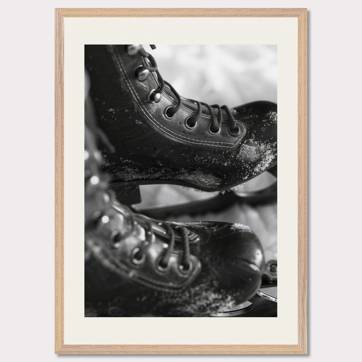 This illustration shows a close-up of a pair of ice skates with laces and blades, featuring a frosty texture. The black-and-white image captures the details of the skates, emphasizing their rugged and worn appearance.
