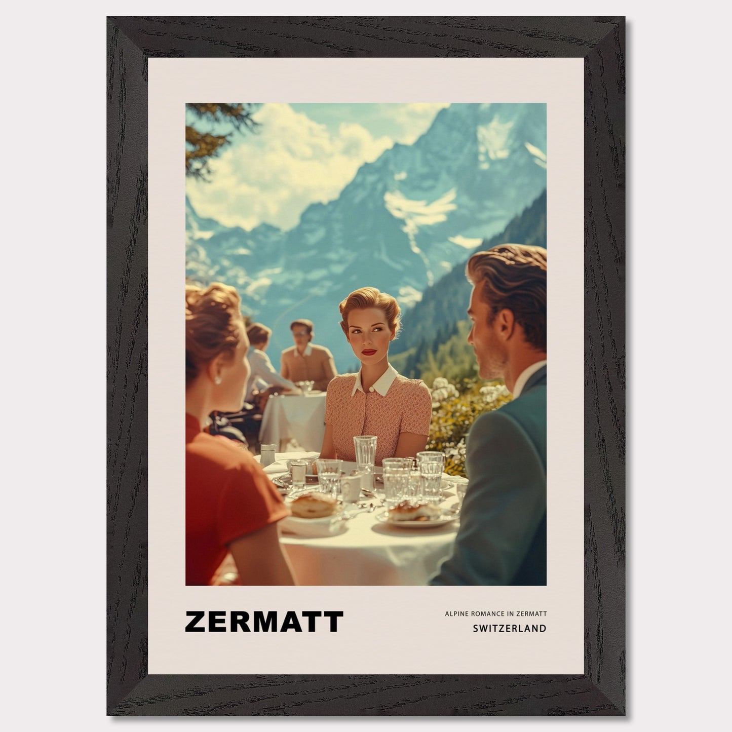 This poster transports us to a world of elegant romance amidst the mountainous landscapes of Zermatt, Switzerland. At the center of the scene is a refined woman with a romantic, enigmatic gaze directed at the man across the table on a café terrace, set against the majestic backdrop of the Alps.