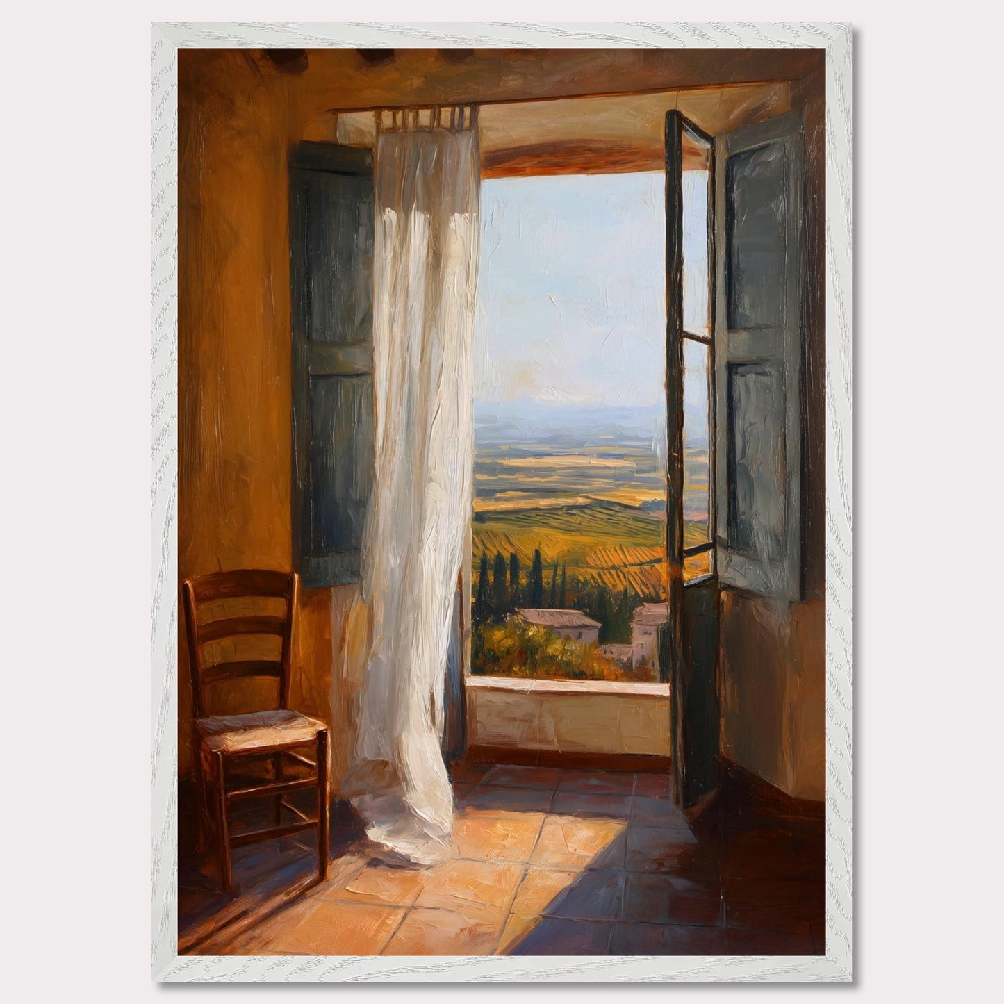 A sheer curtain lifts in warm air as golden vineyards unfold beneath a terracotta sill. A simple wooden chair waits in sunlit silence. This image is a breath of stillness, an ode to rhythm, warmth, and space.