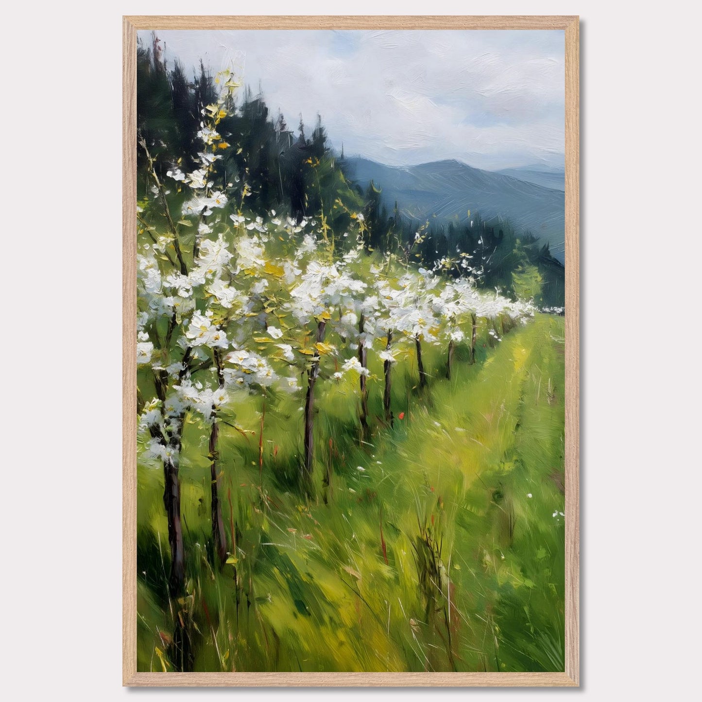 Blossoming trees line a sloped meadow, shining with spring energy. Their petals catch the light like snowflakes, while behind them rise forested hills and soft mountain silhouettes. The air feels fresh, alive, and full of renewal.