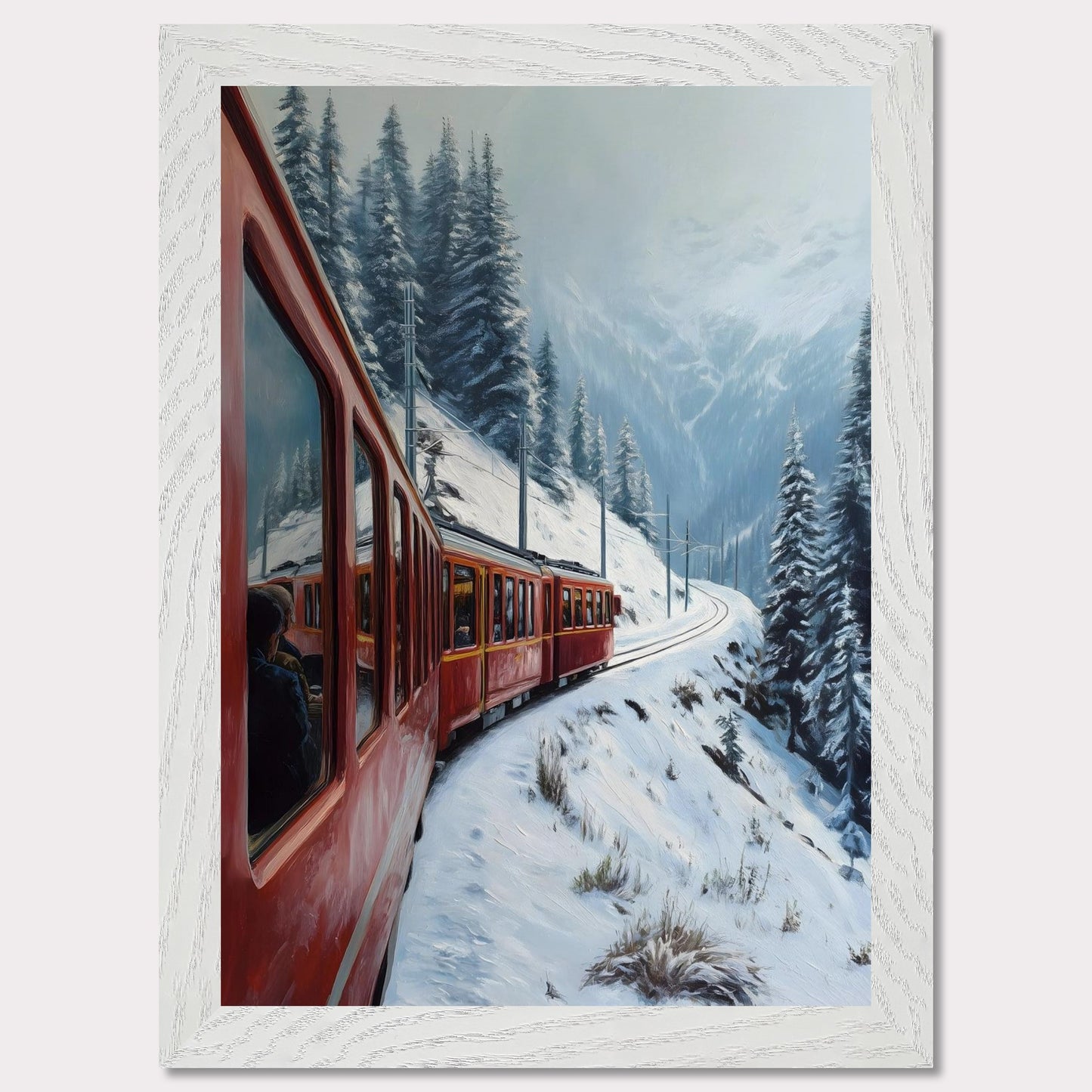 A red alpine train rounds a snow-covered bend, threading between pine-clad slopes and winter valleys. Reflections in the windows hint at warm journeys through a frozen world. This image hums with motion and memory — an homage to travel, contrast, and time.