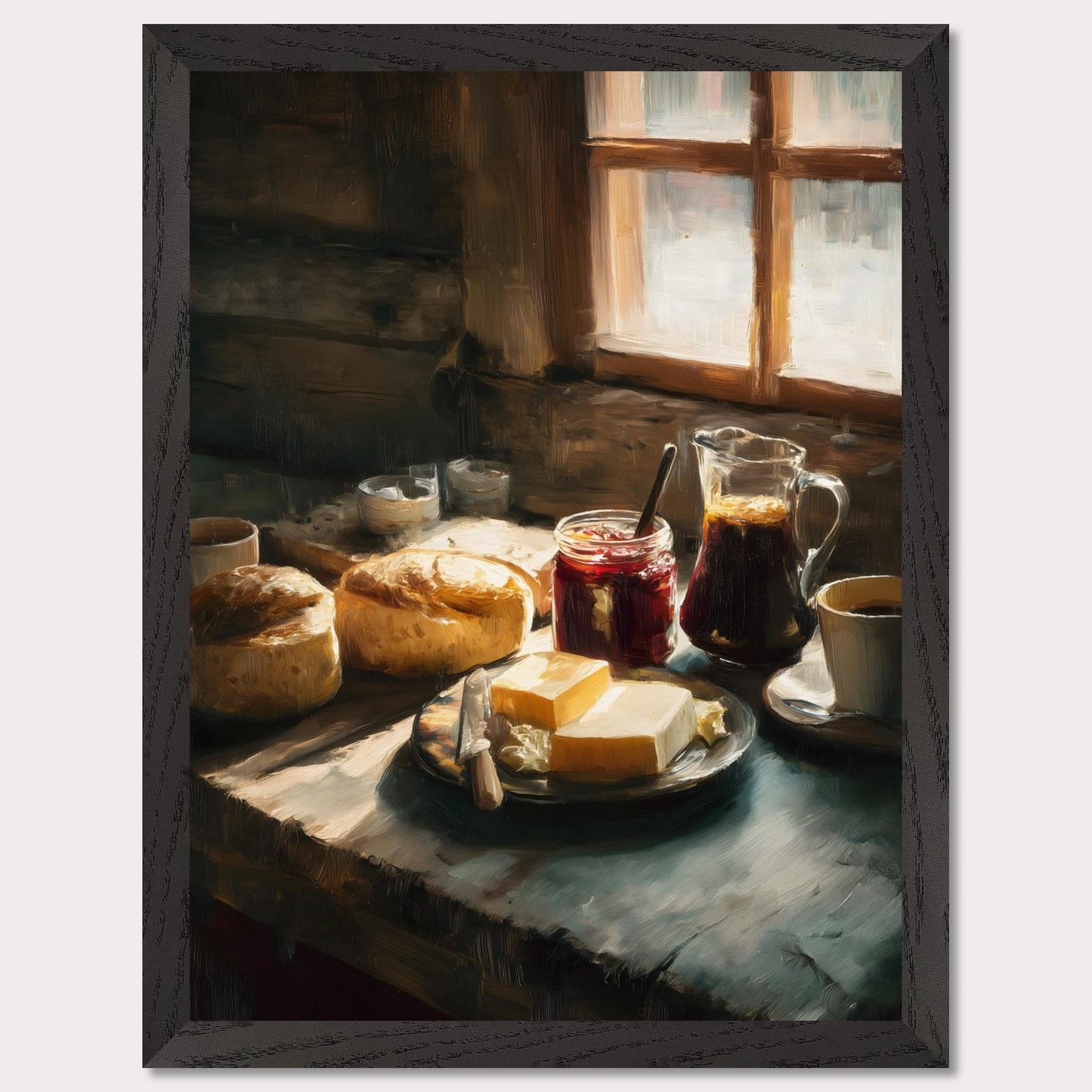 A rustic table holds fresh bread, butter, jam, and coffee beside a glowing window. Steam rises gently from the cup. This image is a quiet start, an ode to taste, ritual, and comfort.