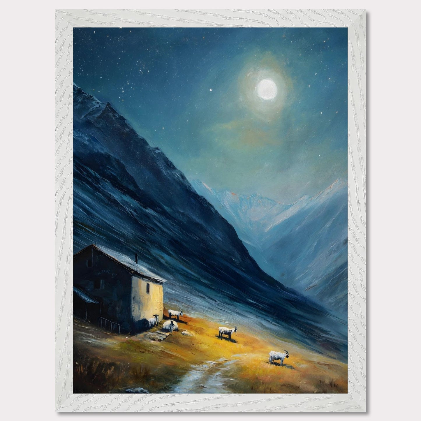 Nestled between dramatic cliffs, a single farmhouse glows under a sky heavy with storm and sun. The valley holds its breath — clouds swirl above while the earth remains grounded, golden, and still. This is a refuge at the edge of wildness.