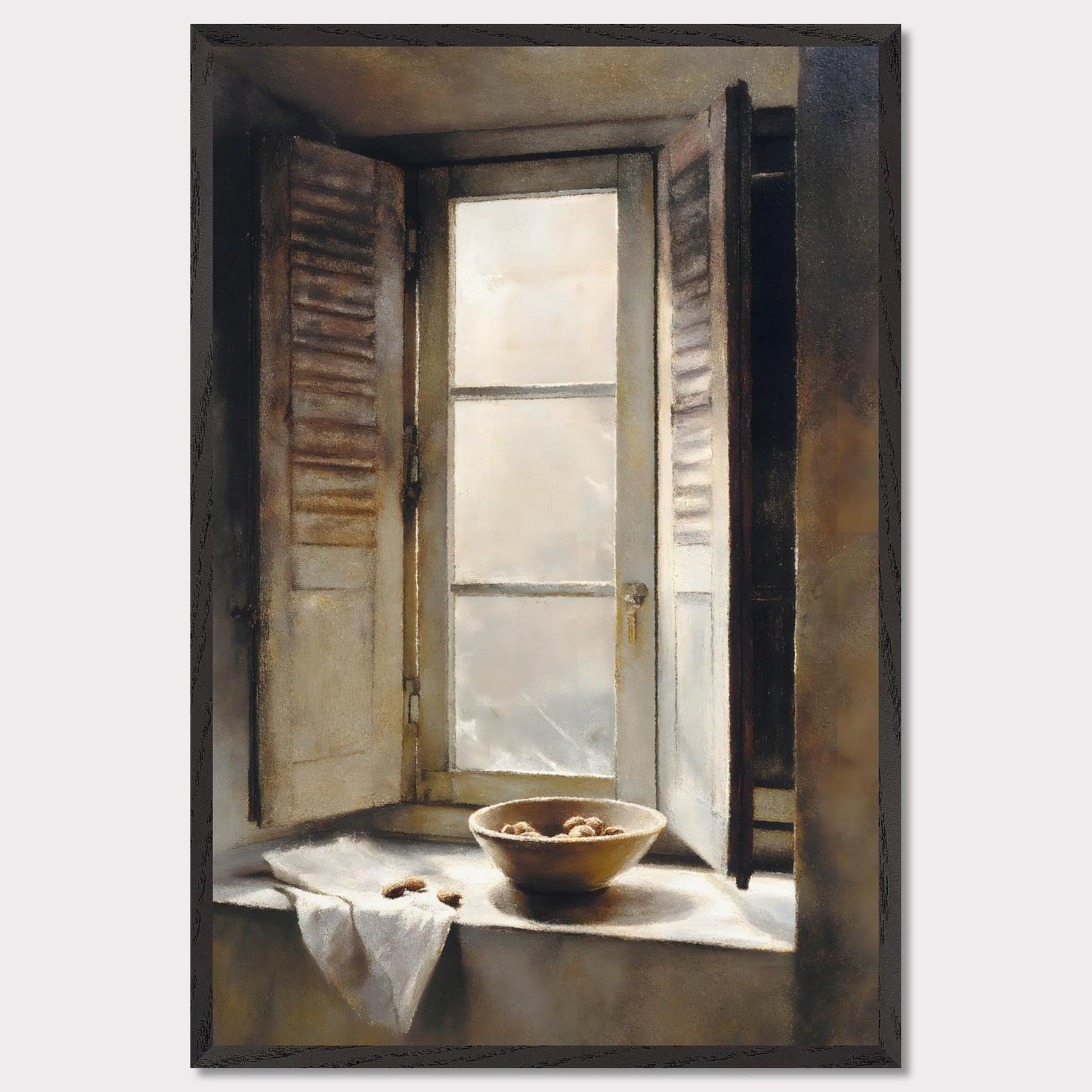 Golden light streams through an old shuttered window, catching the edge of a ceramic bowl filled with walnuts. A linen cloth rests gently nearby, suggesting quiet hands and slow mornings. This image is domestic poetry — a tribute to texture, stillness, and time.