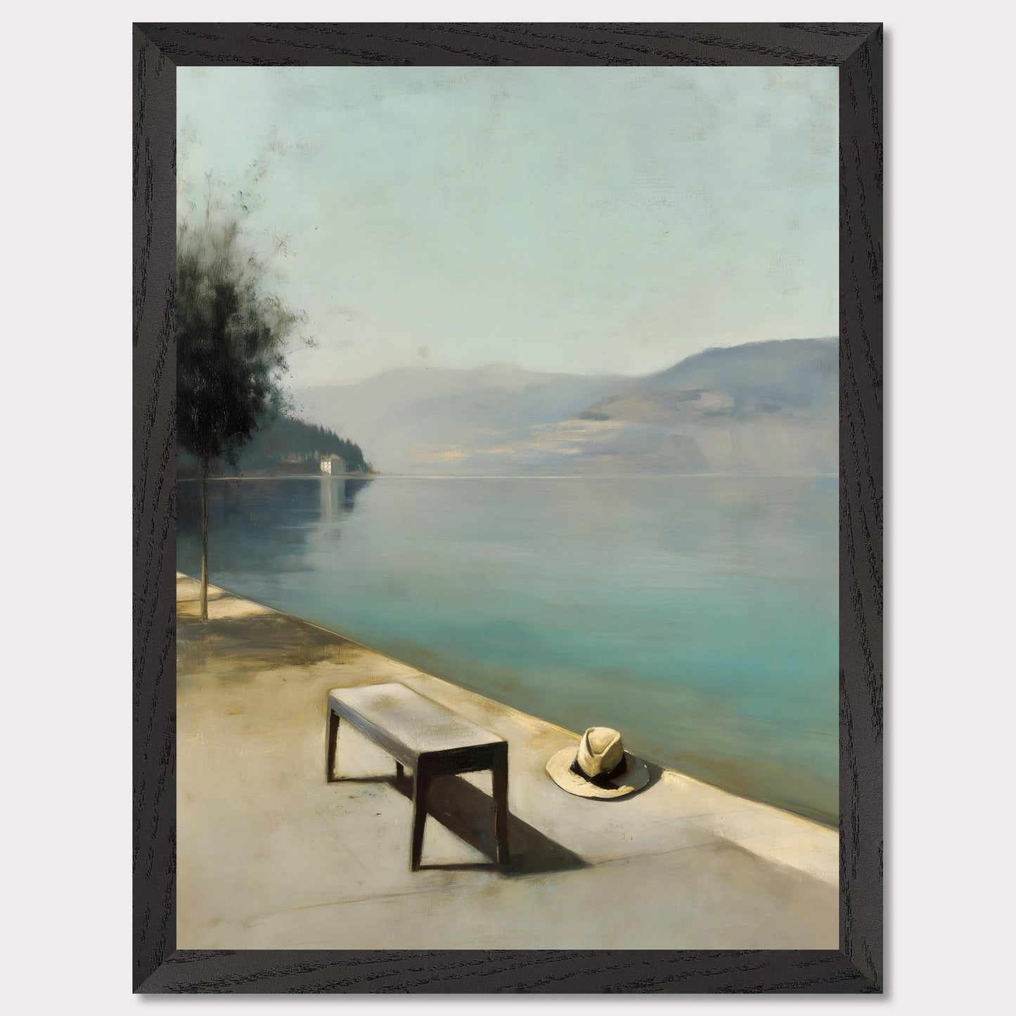 A hat rests beside a bench, left behind or waiting. The water lies smooth as glass, fading into soft mountains and a pale, endless sky. Everything stands still — as if the world paused for breath.