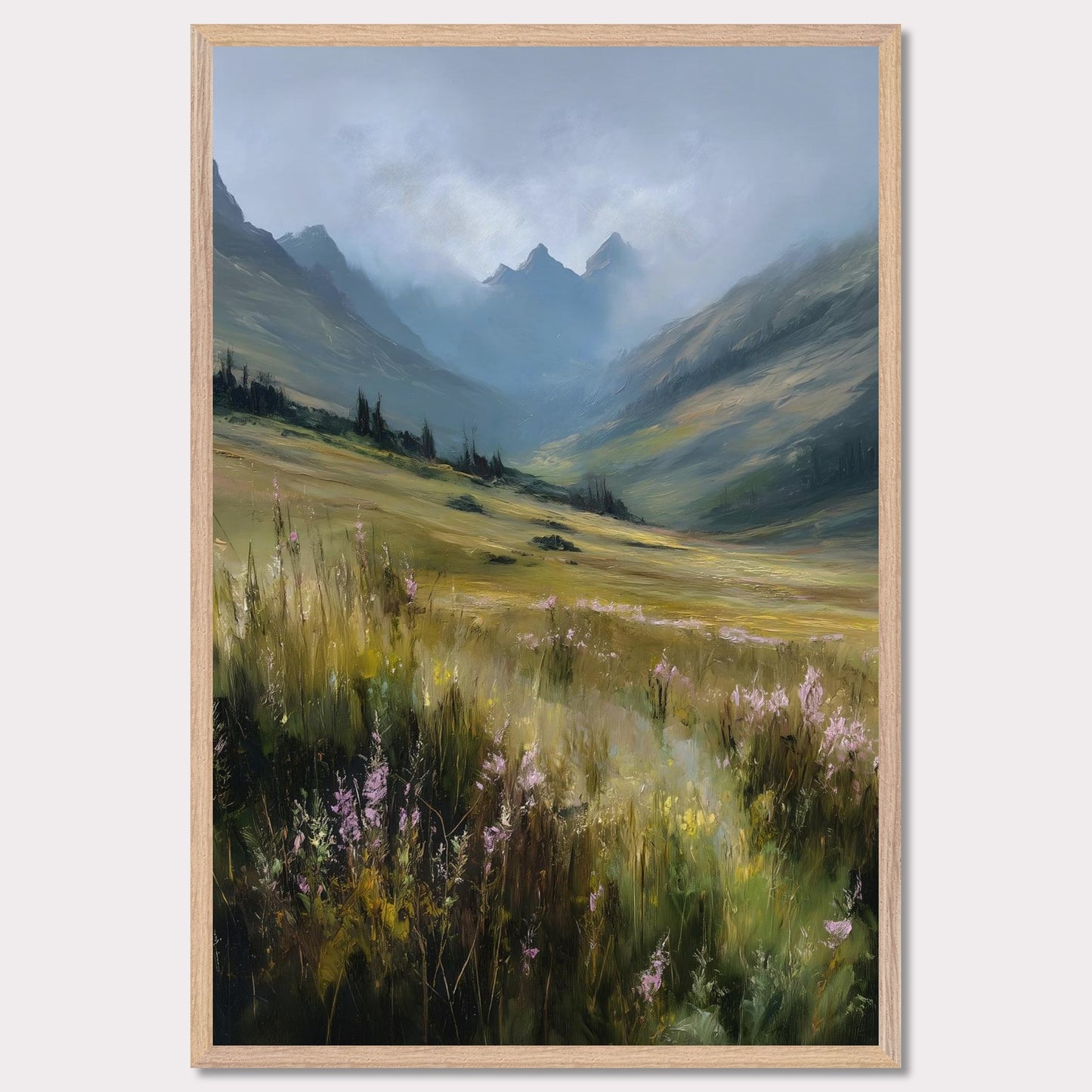 A field of tall alpine grass and soft purple blooms unfolds into misty blue peaks. There's no sign of movement, only the gentle hush of nature breathing. The scene is vast, untamed, and filled with the quiet promise of summer in the highlands.