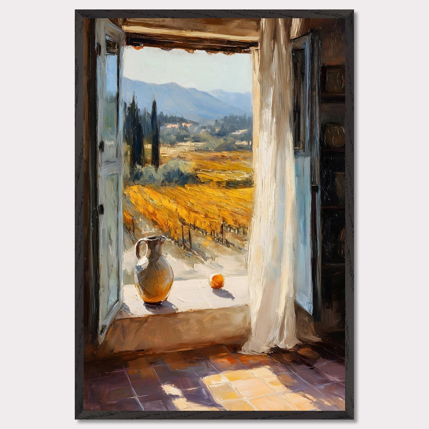 An open shutter reveals golden rows of vineyard glowing in afternoon light. A jug and fruit rest on the sill, as if waiting for someone to return. This image is a sunlit breath, an ode to harvest, pause, and place.