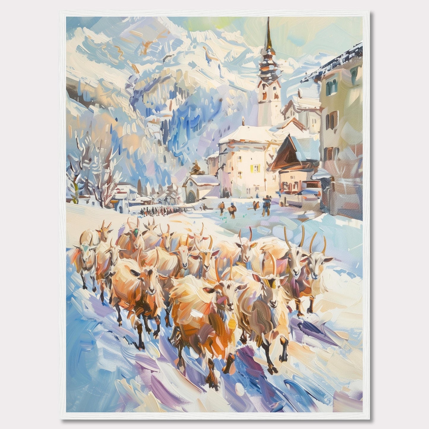 This captivating painting depicts a serene winter village scene with a herd of sheep being guided through the snow-covered streets. The backdrop features majestic snow-capped mountains and charming alpine architecture, including a prominent church steeple.