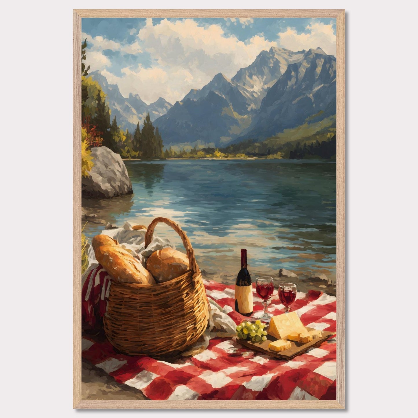 A checkered blanket lies beside a glistening lake, topped with fresh bread, wine, cheese, and grapes. Behind it all, towering mountains create a breathtaking backdrop. The scene celebrates indulgence, nature, and the timeless art of slowing down.