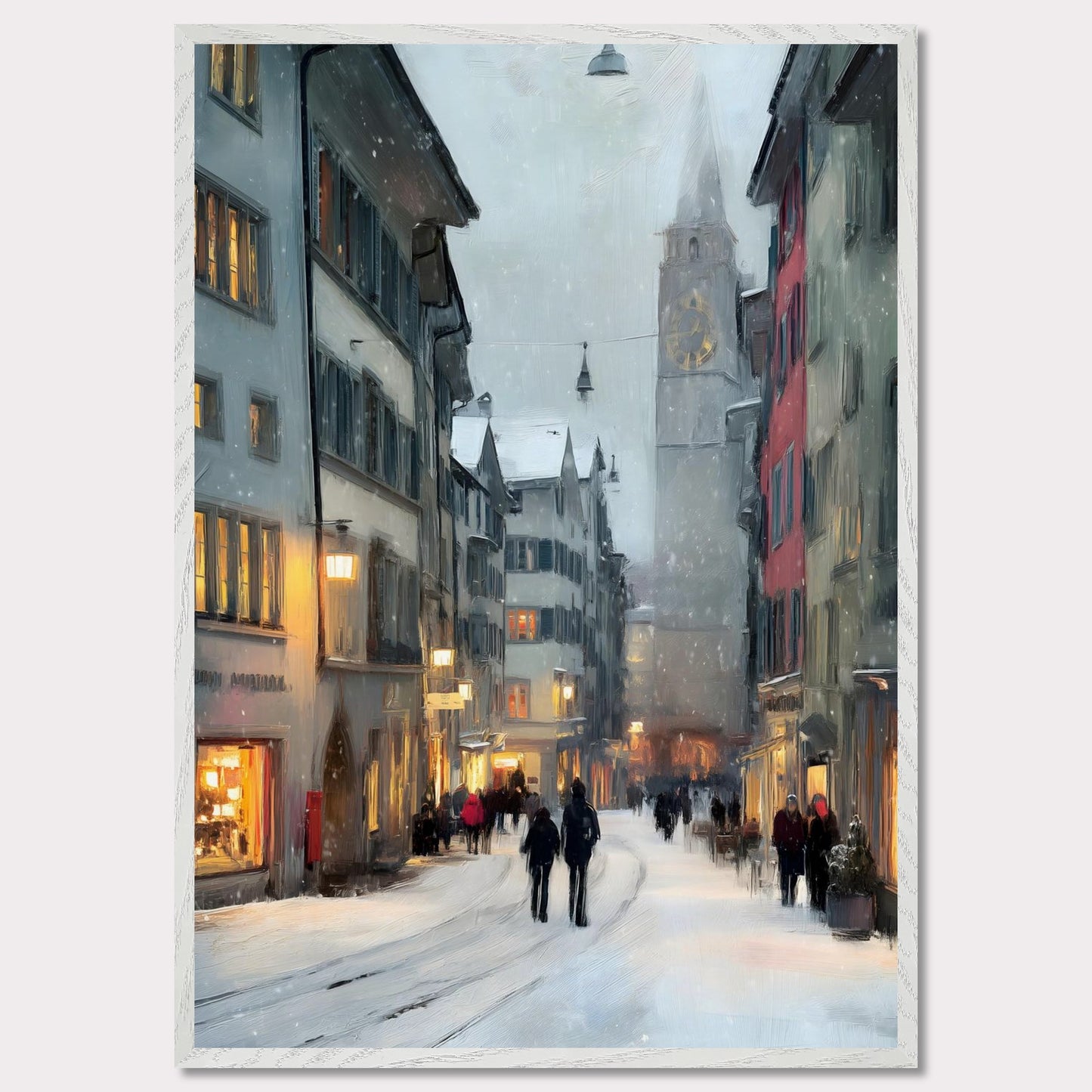 Snow falls gently between old town facades as people wander through glowing windows and quiet alleys. Time seems to slow. This image is a winter stroll, an ode to dusk, city calm, and warmth within.