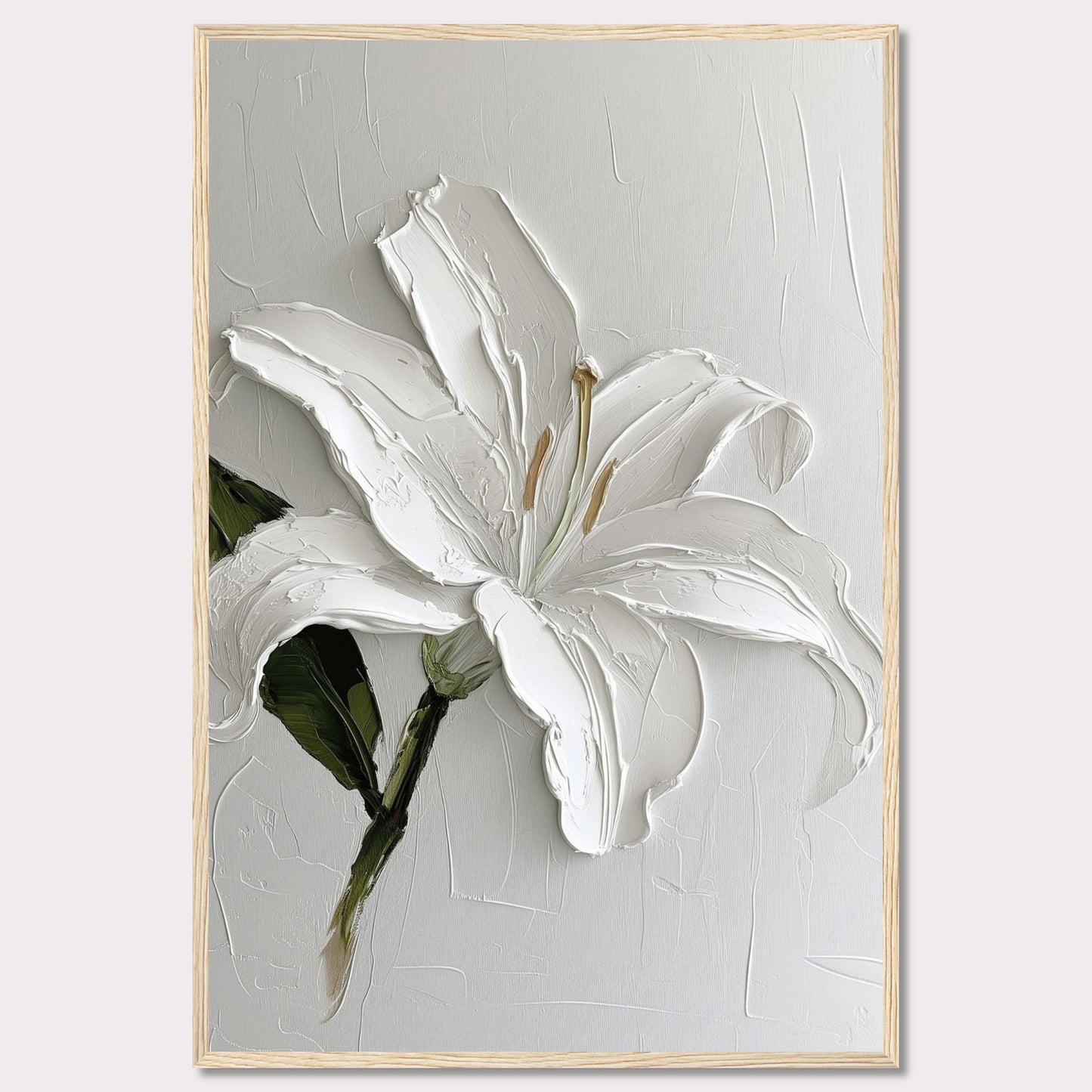 This image showcases a stunning textured painting of a white lily, elegantly framed in black. The thick brushstrokes add depth and dimension to the petals, creating a lifelike appearance. The background is kept minimal, allowing the flower to be the focal point.