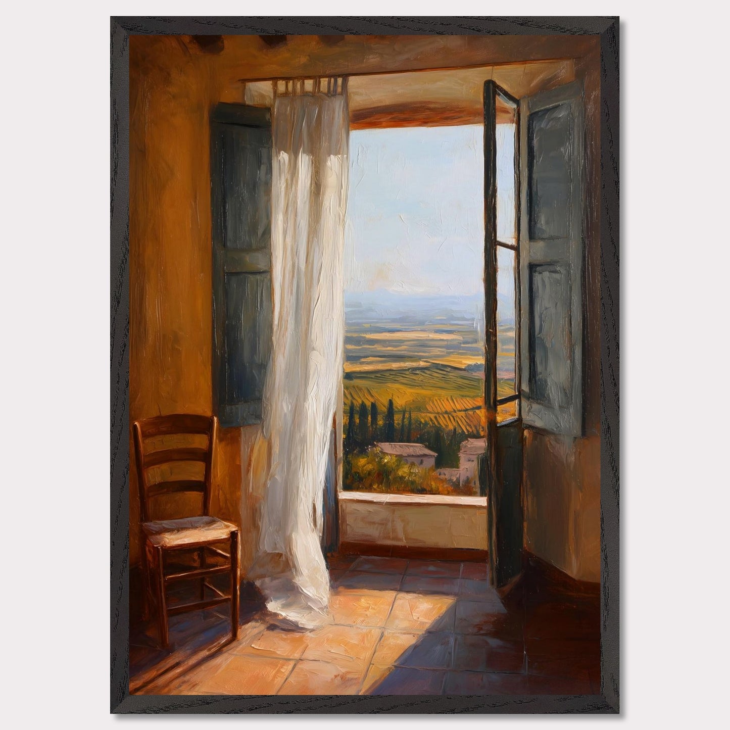 A sheer curtain lifts in warm air as golden vineyards unfold beneath a terracotta sill. A simple wooden chair waits in sunlit silence. This image is a breath of stillness, an ode to rhythm, warmth, and space.