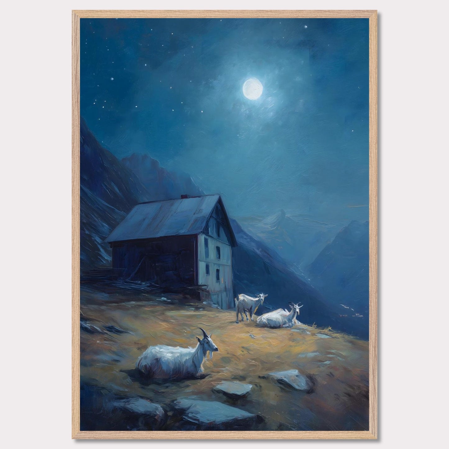 Under a deep blue sky scattered with stars, a mountain slope glows with soft amber light. Goats roam quietly near a rustic alpine hut. This is a portrait of calm routine under a grand sky — both humble and cosmic.