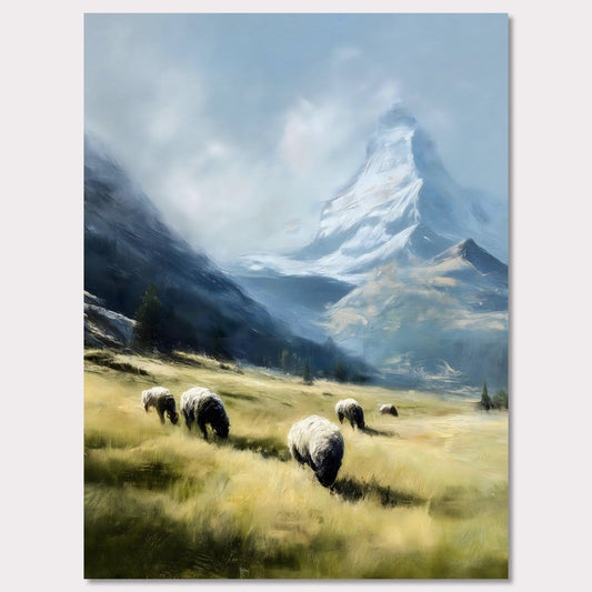 In the shadow of the Matterhorn, sheep graze peacefully on sunlit fields. This pastoral scene blends the grandeur of the Alps with the charm of rural life. The softness of the animals and golden grass contrasts beautifully with the snow-covered majesty above.