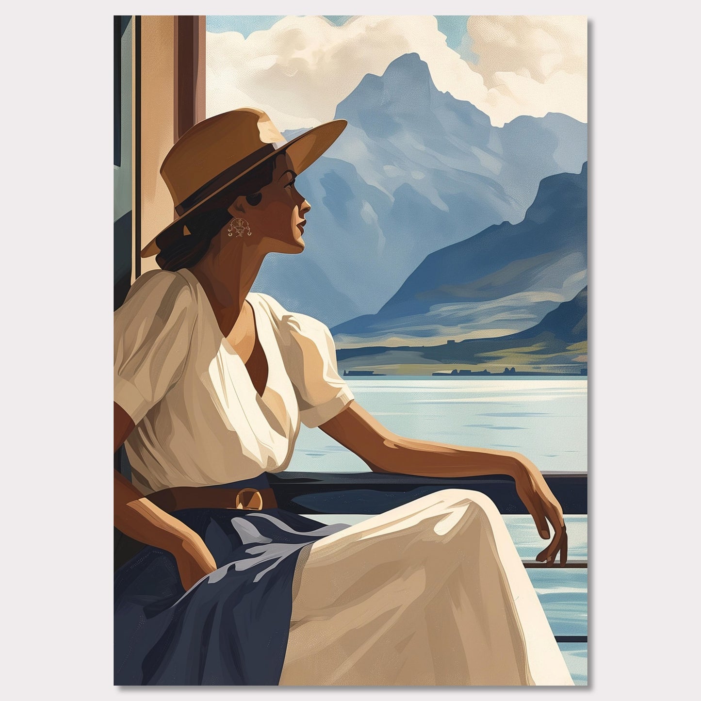 Poster titled 'Girl near mountain water Poster' from ArtDarts