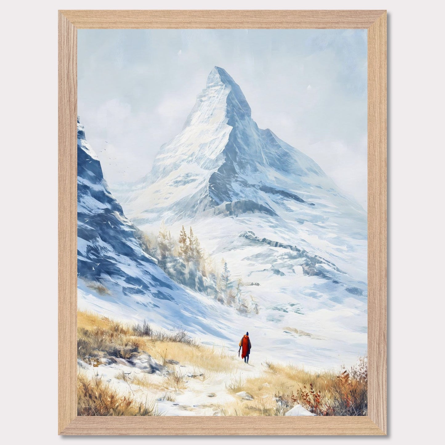 A solitary traveler in red walks toward a towering alpine peak, its icy edges kissed by winter sun. The snow-laced slope opens to a vast, crystalline silence, where motion feels reverent. This image captures the awe of ascent — a tribute to scale, solitude, and stillness.