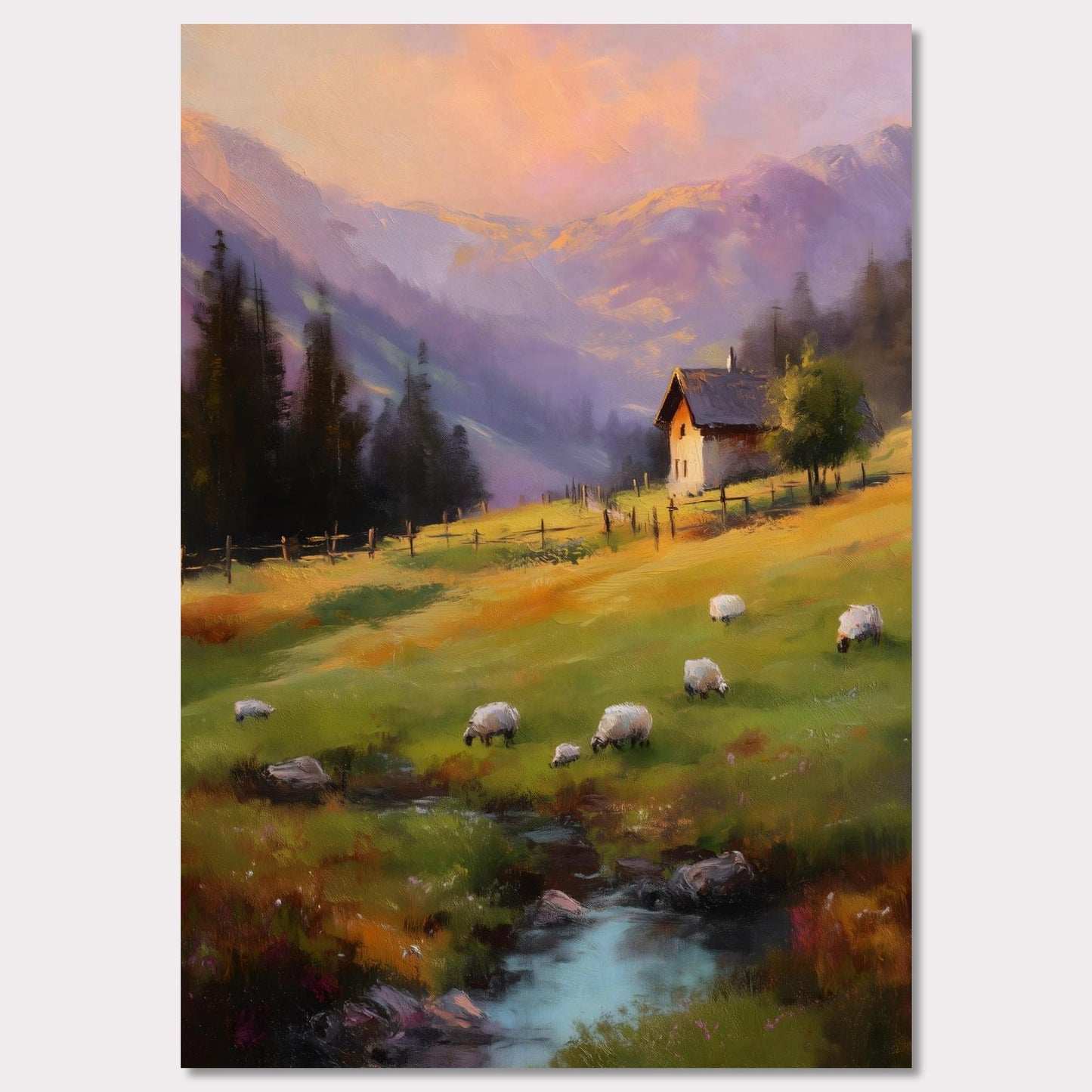 As the sun sets, golden and lavender hues paint the mountain slopes. Sheep graze slowly on the soft green meadow, and a solitary wooden house glows gently under a tree. The scene is tranquil and nostalgic — a perfect harmony of nature, simplicity, and evening calm.