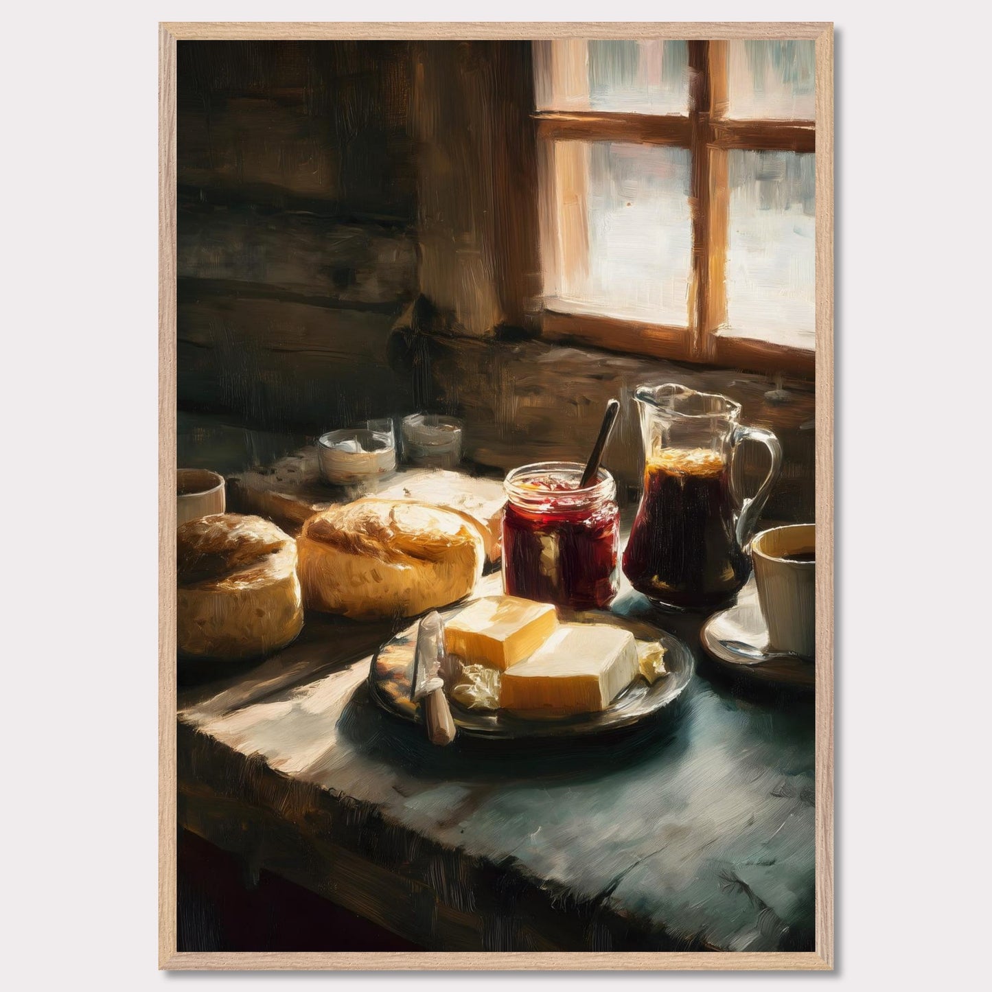 A rustic table holds fresh bread, butter, jam, and coffee beside a glowing window. Steam rises gently from the cup. This image is a quiet start, an ode to taste, ritual, and comfort.