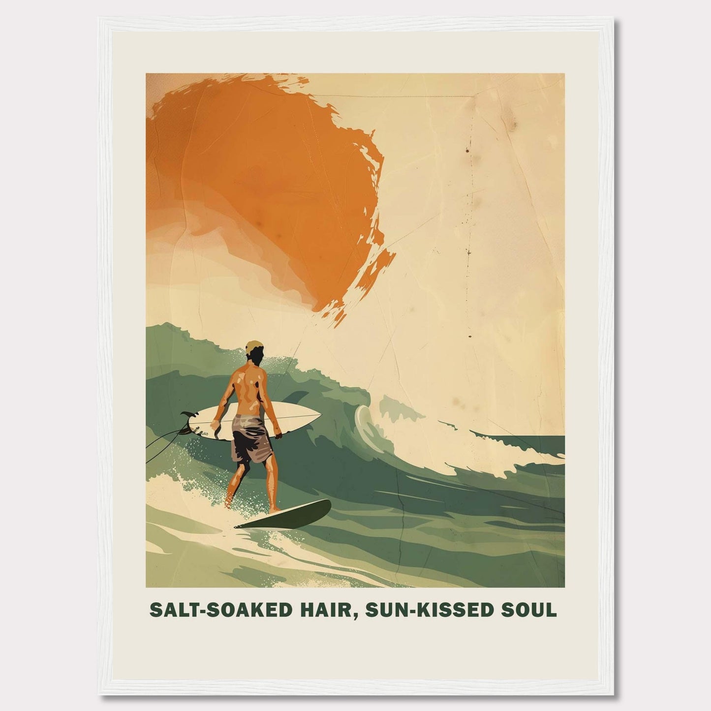 This vibrant poster showcases a surfer riding a wave with the sun setting in the background.