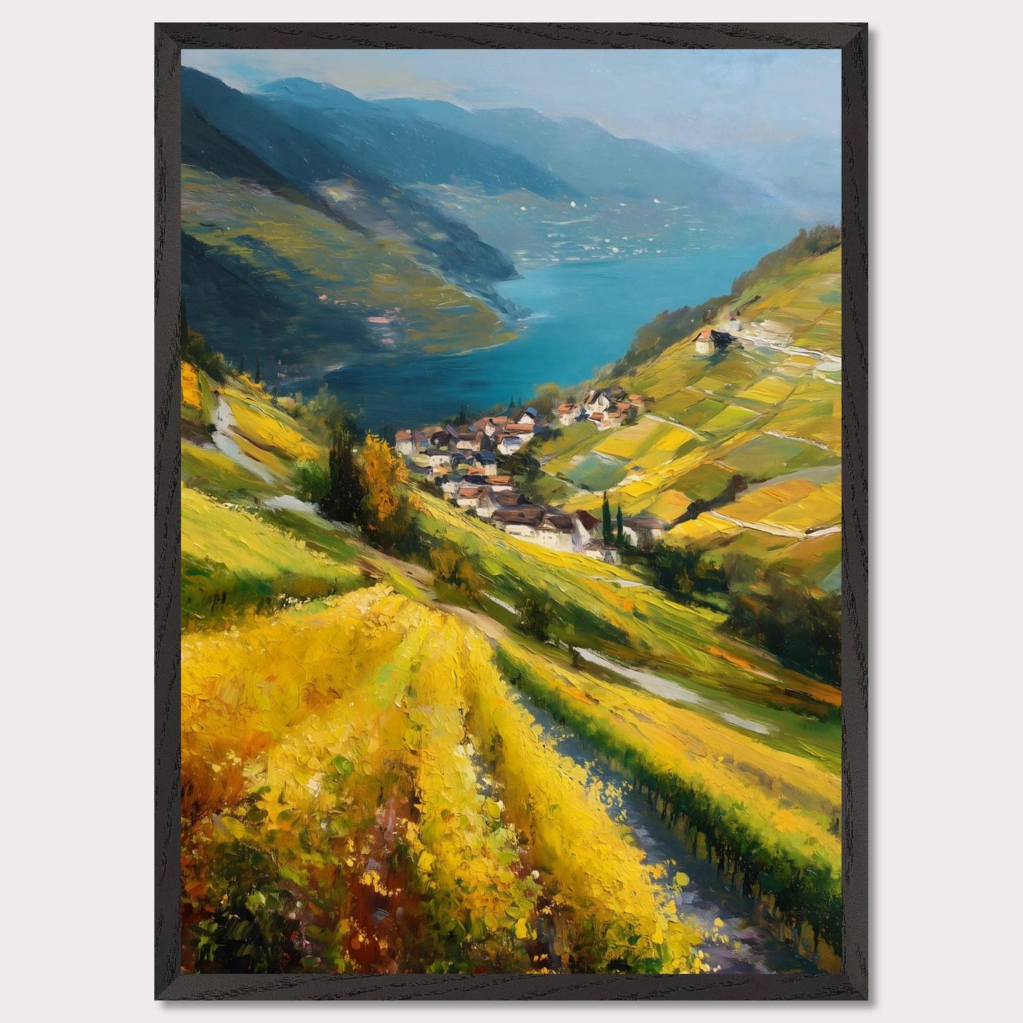 Golden vineyards sweep down steep hills toward a quiet lake village. The water shimmers like a mirror between blue ridges. This image is a flowing hillside, an ode to light, labor, and view.