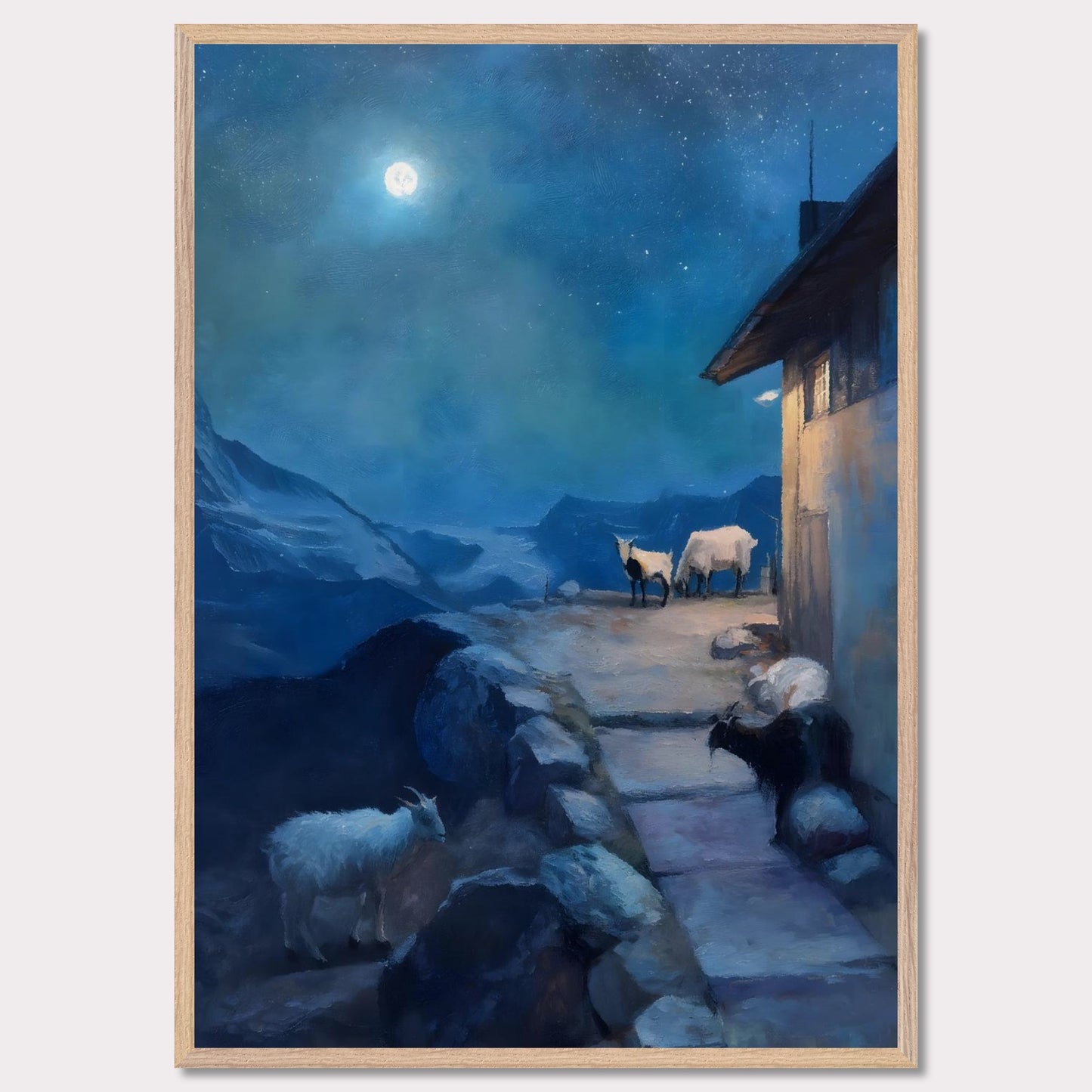 A full moon glows above a tranquil alpine scene, where goats linger quietly near a mountain hut. The sky shimmers with stars, the landscape wrapped in soft blues and shadows. There’s no rush here — only the deep breath of night.
