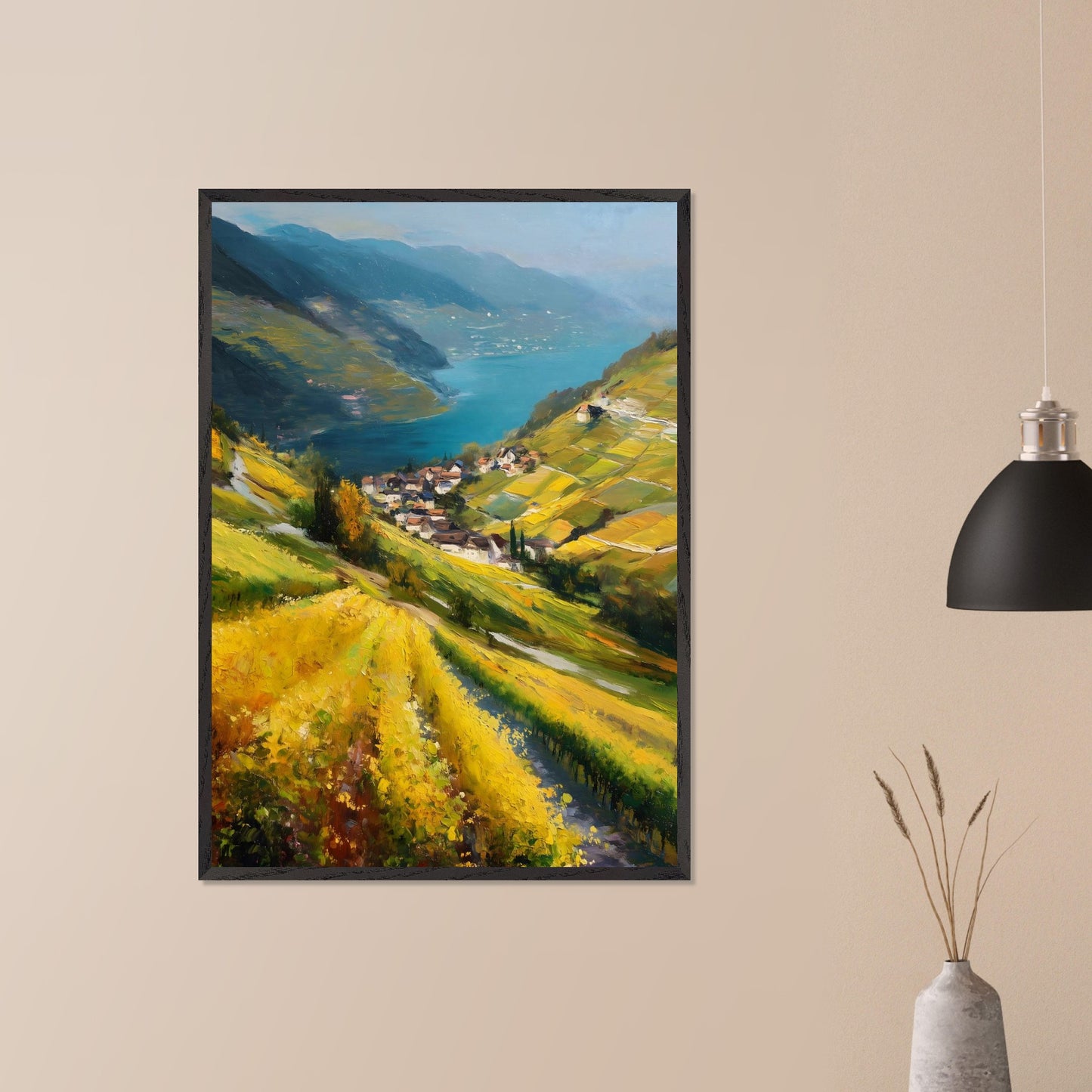Golden vineyards sweep down steep hills toward a quiet lake village. The water shimmers like a mirror between blue ridges. This image is a flowing hillside, an ode to light, labor, and view.