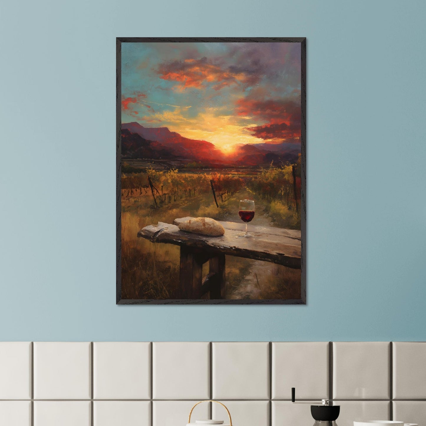 A vineyard stretches toward a fiery sunset, with a rustic table in the foreground holding a loaf and a glass of wine. The landscape glows in rich ambers and reds — a toast to simplicity and warmth.