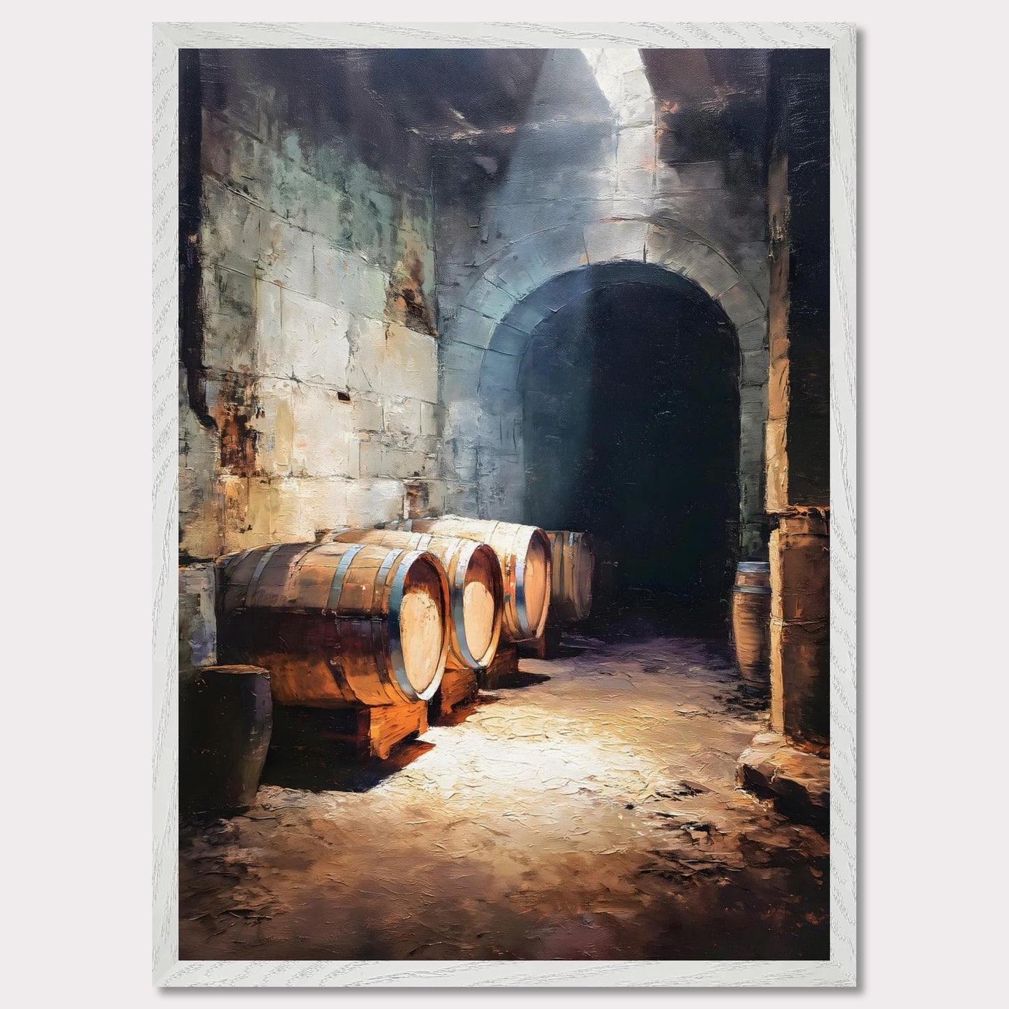 Wooden wine barrels line the stone walls of a cool alpine cellar, lit by a shaft of light from above. The silence is thick and cool. This image is a breath beneath the surface, an ode to age, earth, and time.