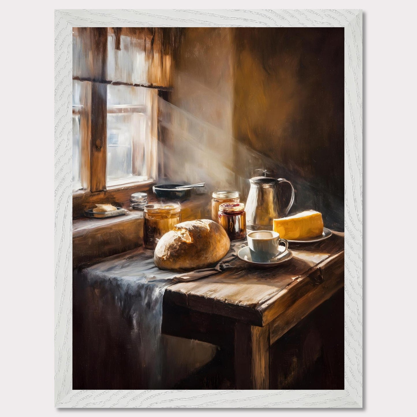 A shaft of morning light breaks across an old table set for one: bread, coffee, and preserves. The cloth catches its edge. This image is a sacred quiet, an ode to morning solitude and sun.