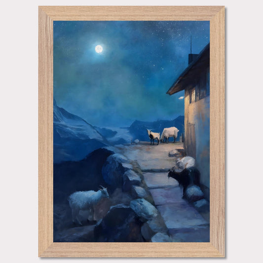 A full moon glows above a tranquil alpine scene, where goats linger quietly near a mountain hut. The sky shimmers with stars, the landscape wrapped in soft blues and shadows. There’s no rush here — only the deep breath of night.