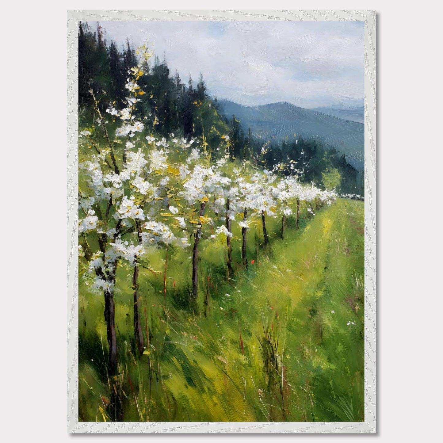 Blossoming trees line a sloped meadow, shining with spring energy. Their petals catch the light like snowflakes, while behind them rise forested hills and soft mountain silhouettes. The air feels fresh, alive, and full of renewal.