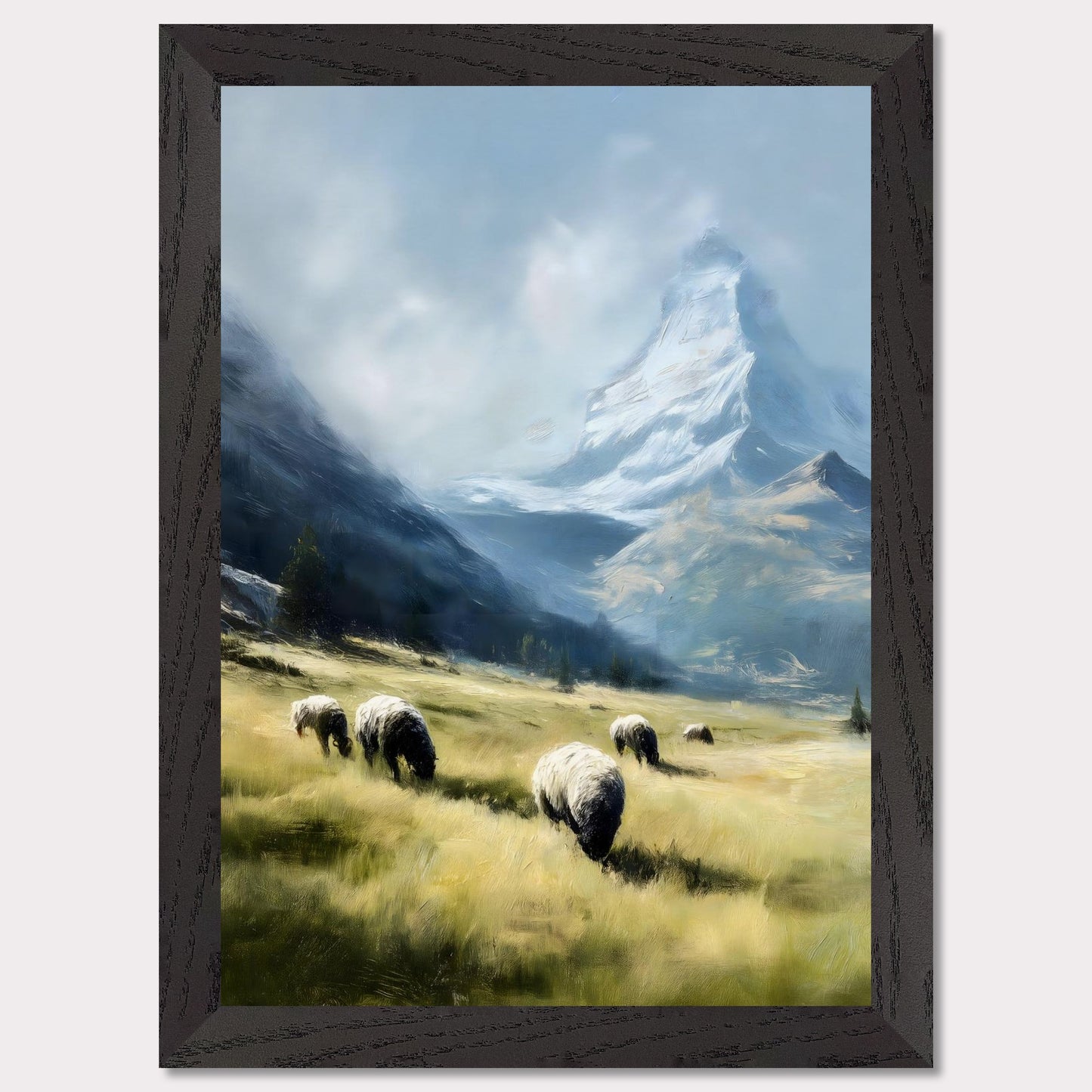 In the shadow of the Matterhorn, sheep graze peacefully on sunlit fields. This pastoral scene blends the grandeur of the Alps with the charm of rural life. The softness of the animals and golden grass contrasts beautifully with the snow-covered majesty above.
