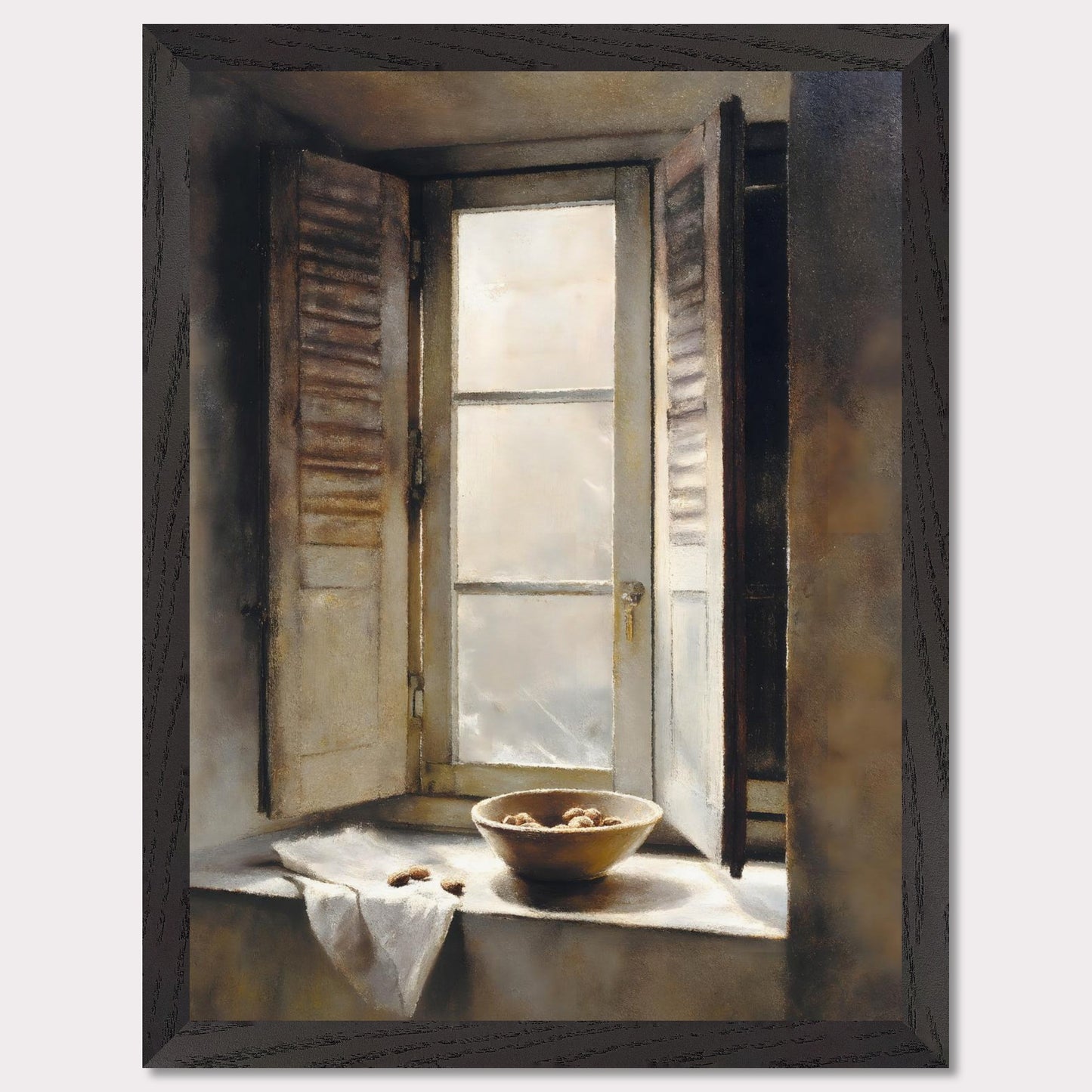 Golden light streams through an old shuttered window, catching the edge of a ceramic bowl filled with walnuts. A linen cloth rests gently nearby, suggesting quiet hands and slow mornings. This image is domestic poetry — a tribute to texture, stillness, and time.