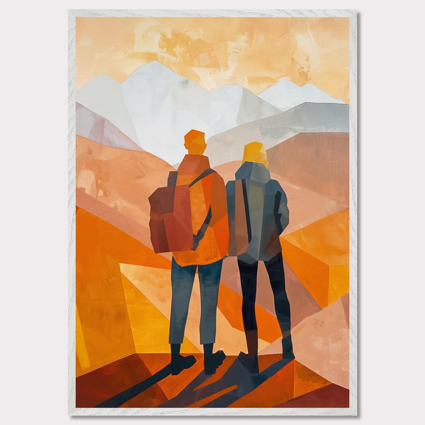 This illustration depicts two figures standing side by side, gazing at a mountainous landscape.
This poster would fit well in a living room, hallway, office, or any space that benefits from artistic and inspirational decor.