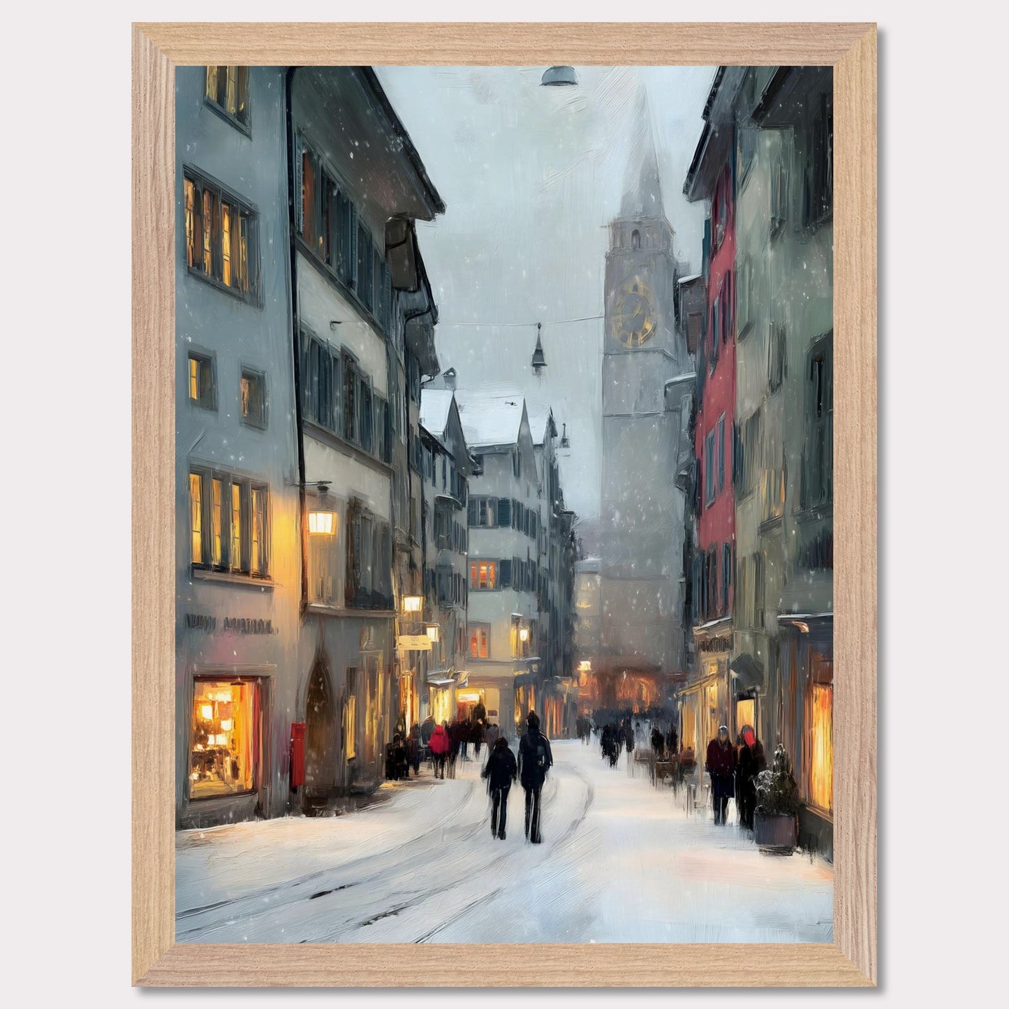 Snow falls gently between old town facades as people wander through glowing windows and quiet alleys. Time seems to slow. This image is a winter stroll, an ode to dusk, city calm, and warmth within.