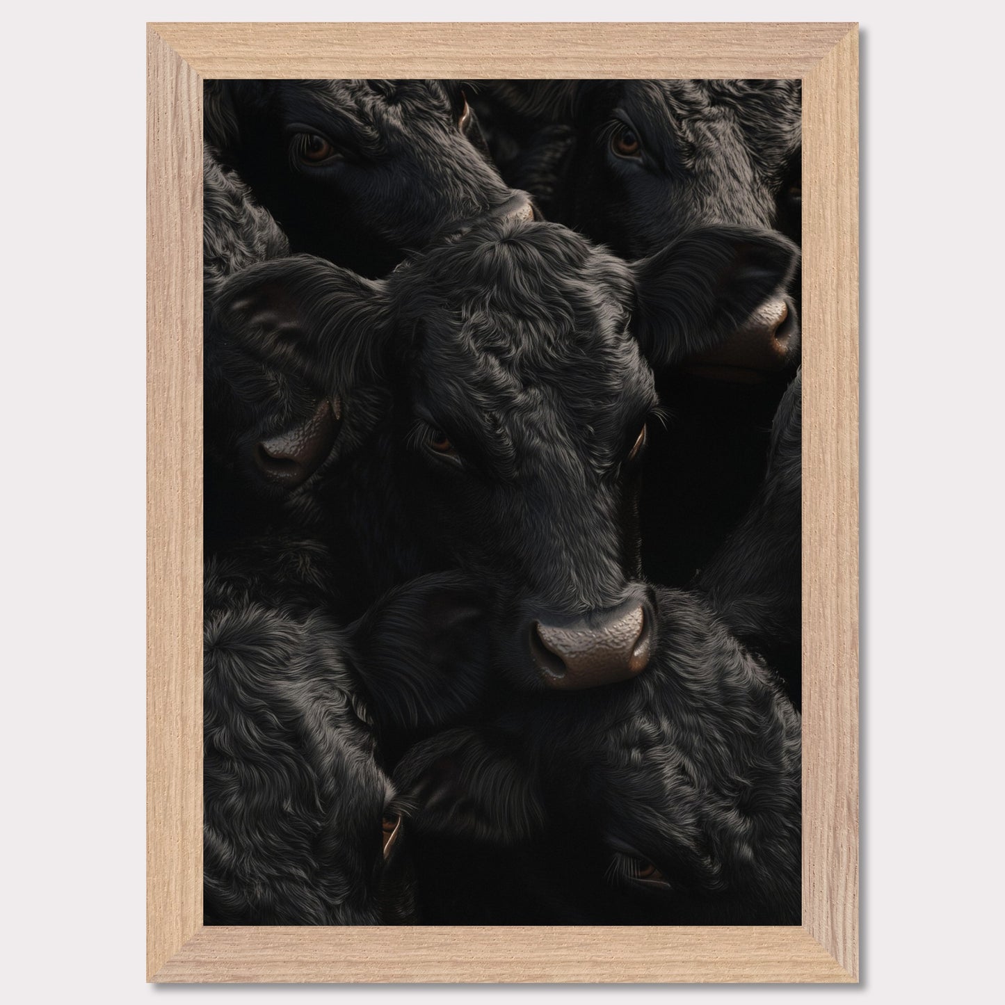 This captivating artwork features a close-up view of several black cows, their faces and textures intricately detailed. The image exudes a sense of unity and calmness among the animals.