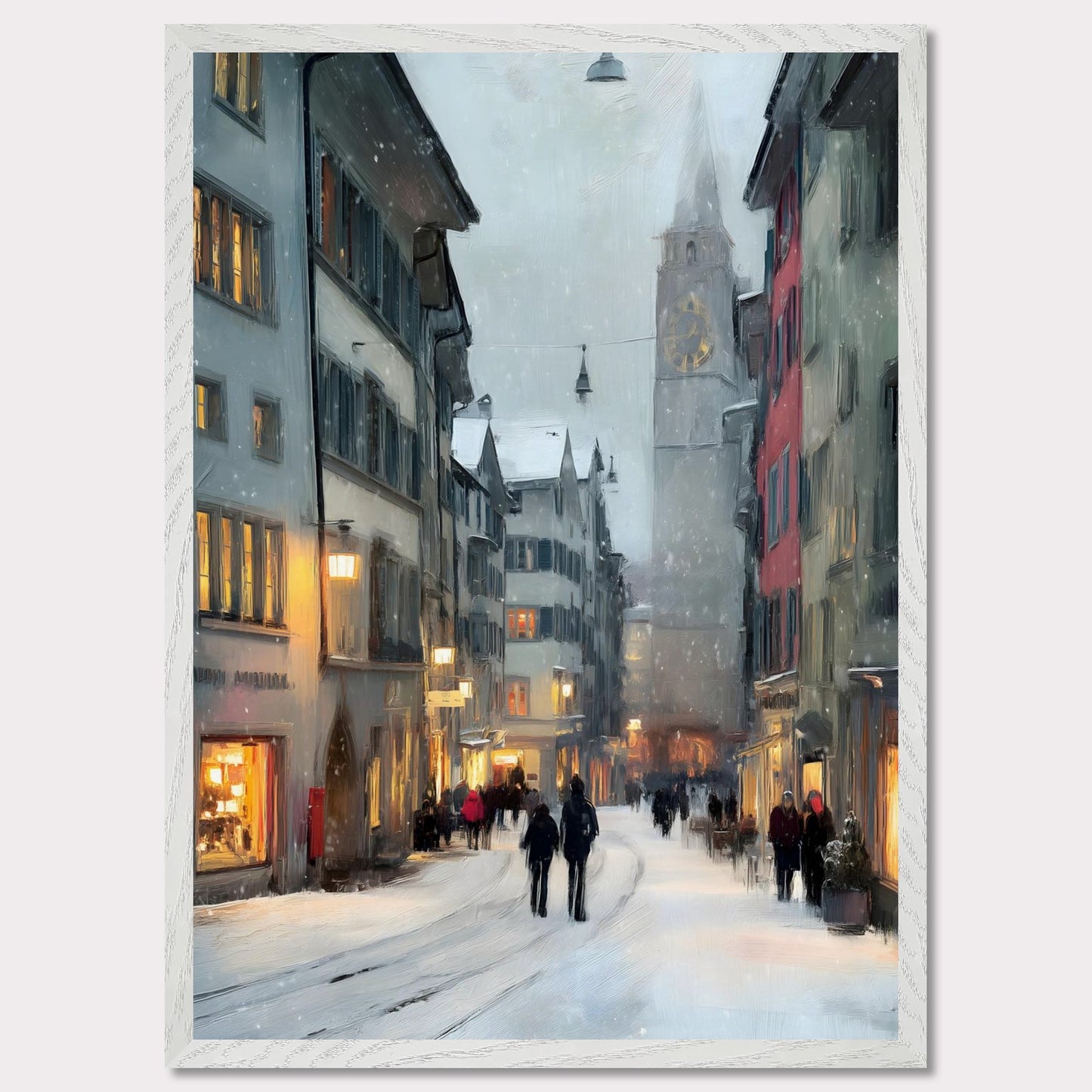 Snow falls gently between old town facades as people wander through glowing windows and quiet alleys. Time seems to slow. This image is a winter stroll, an ode to dusk, city calm, and warmth within.