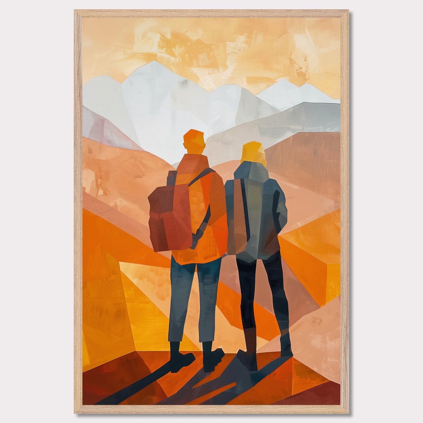 This illustration depicts two figures standing side by side, gazing at a mountainous landscape.
This poster would fit well in a living room, hallway, office, or any space that benefits from artistic and inspirational decor.