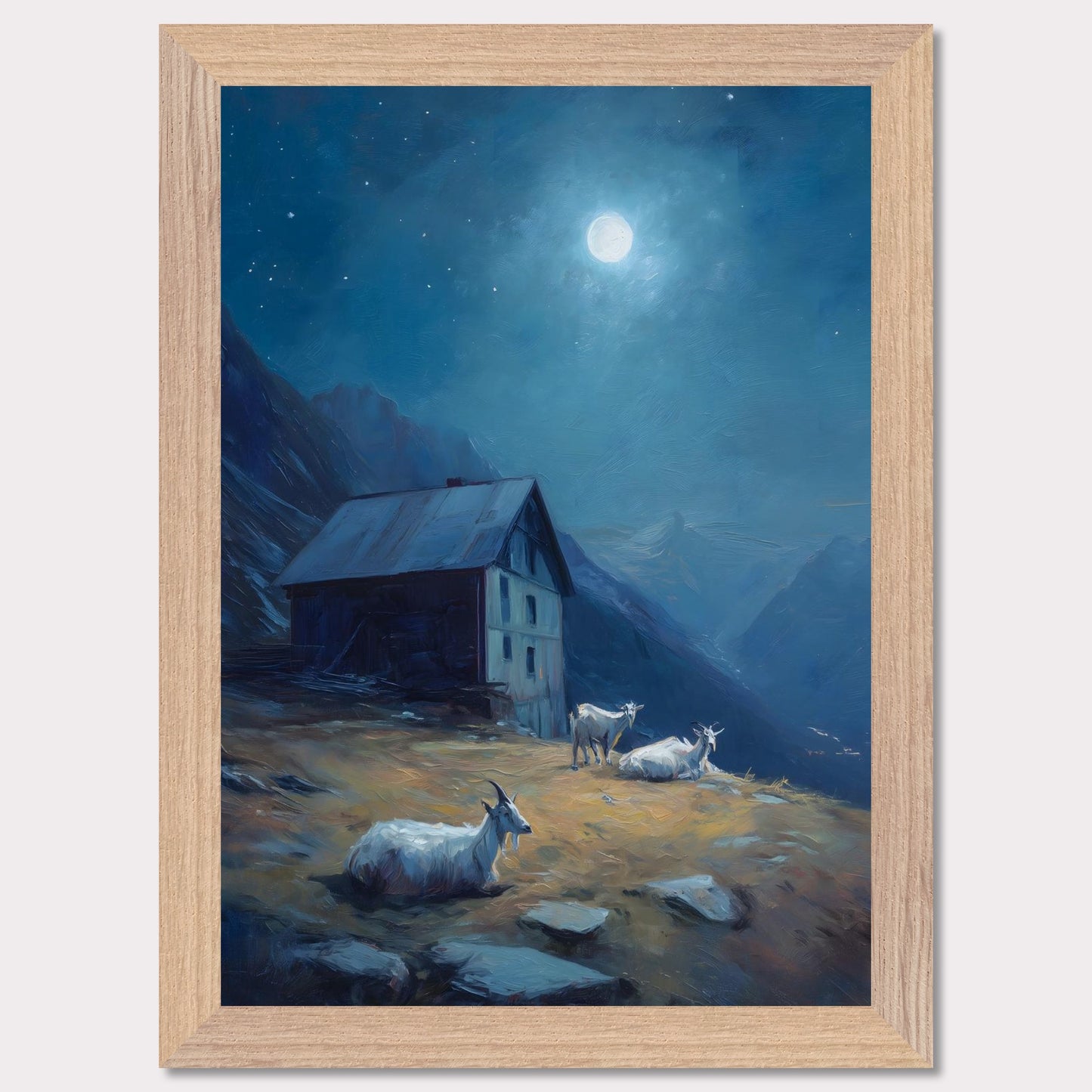 Under a deep blue sky scattered with stars, a mountain slope glows with soft amber light. Goats roam quietly near a rustic alpine hut. This is a portrait of calm routine under a grand sky — both humble and cosmic.