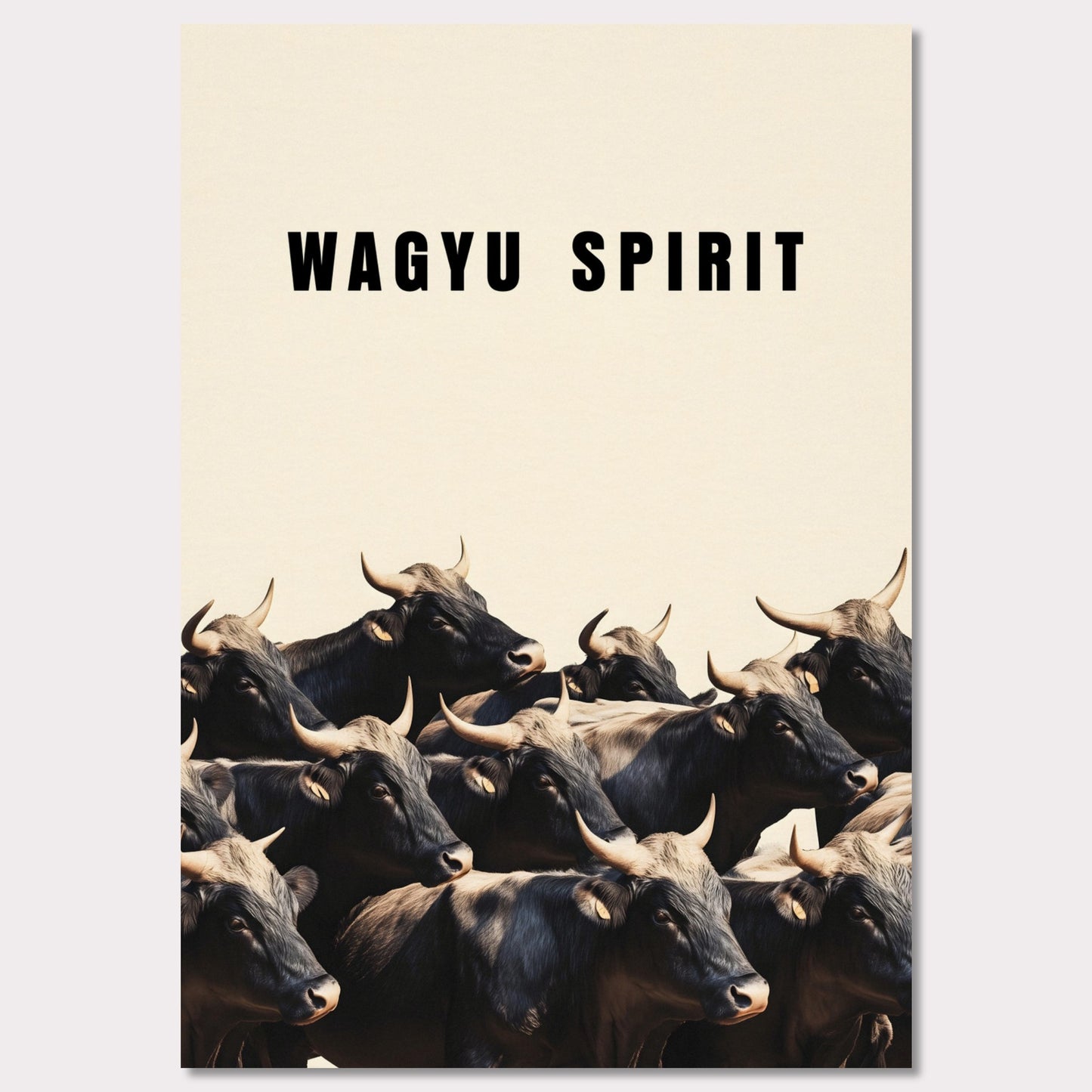 This illustration shows a group of black cattle with horns, set against a light background. The text "WAGYU SPIRIT" is prominently displayed at the top.
This poster will fit well in a kitchen, dining area, restaurant, or any space related to food and culinary arts.