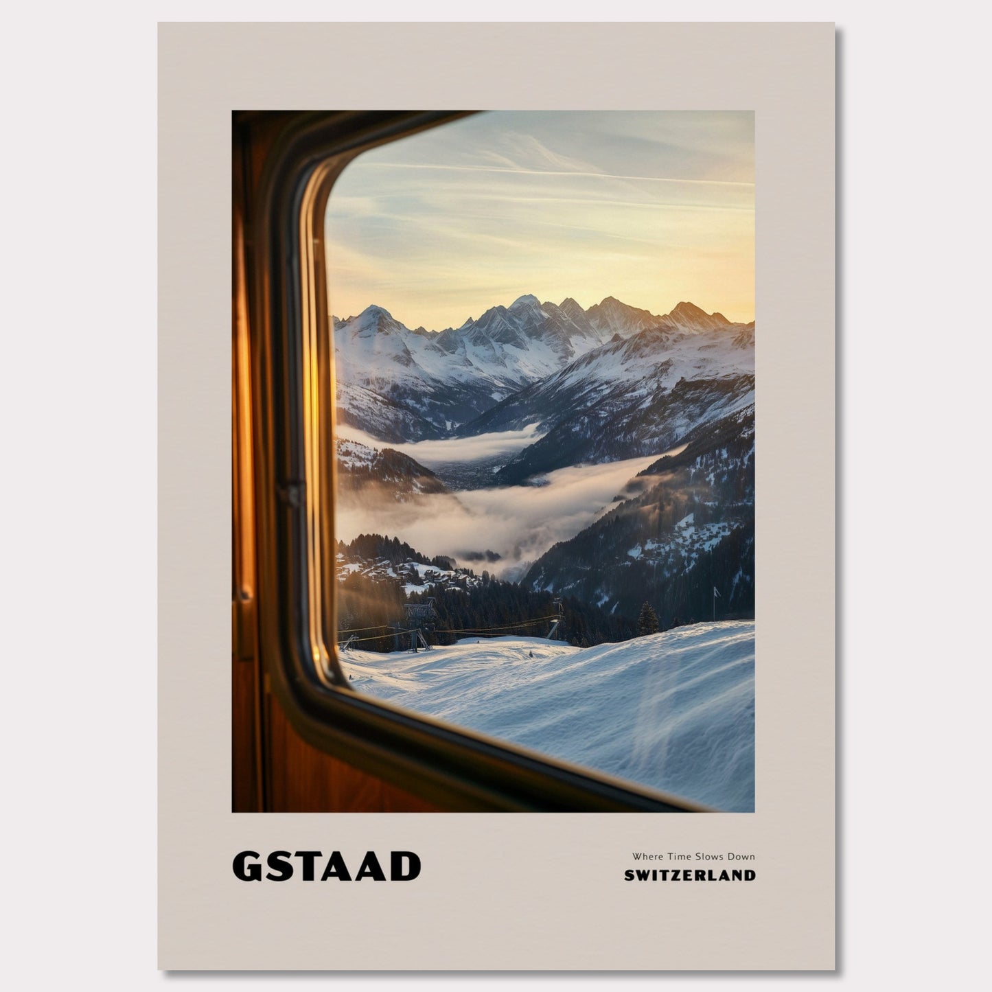 Poster titled 'GSTAAD. Where Time Slows Down' from ArtDarts