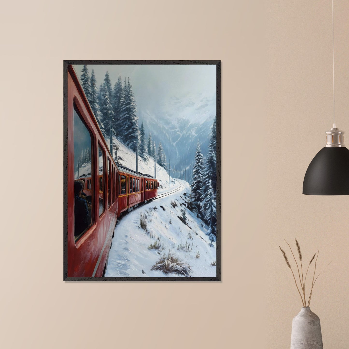 A red alpine train rounds a snow-covered bend, threading between pine-clad slopes and winter valleys. Reflections in the windows hint at warm journeys through a frozen world. This image hums with motion and memory — an homage to travel, contrast, and time.