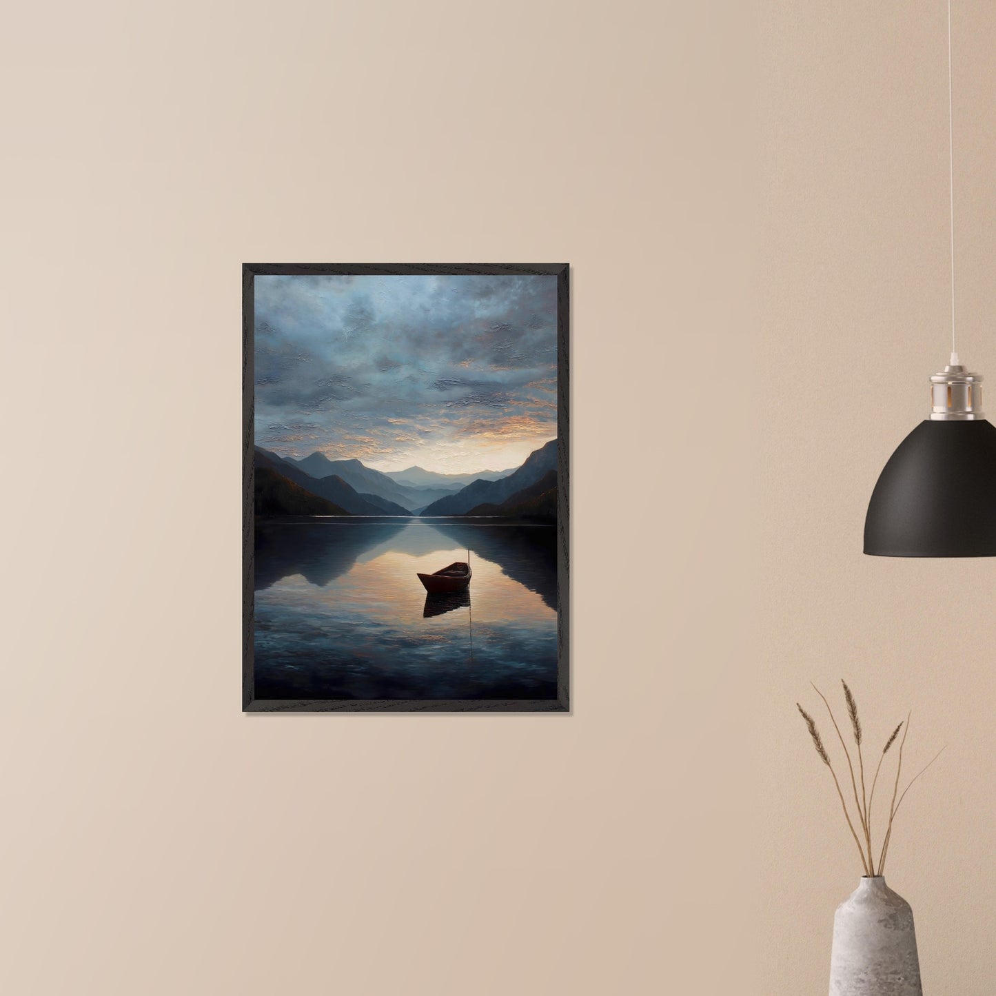 A single red boat floats gently on a vast, darkening lake as mountains fade into layered blues. The sunset brushes the clouds and water with soft amber and grey. A perfect study in stillness, solitude, and awe.
