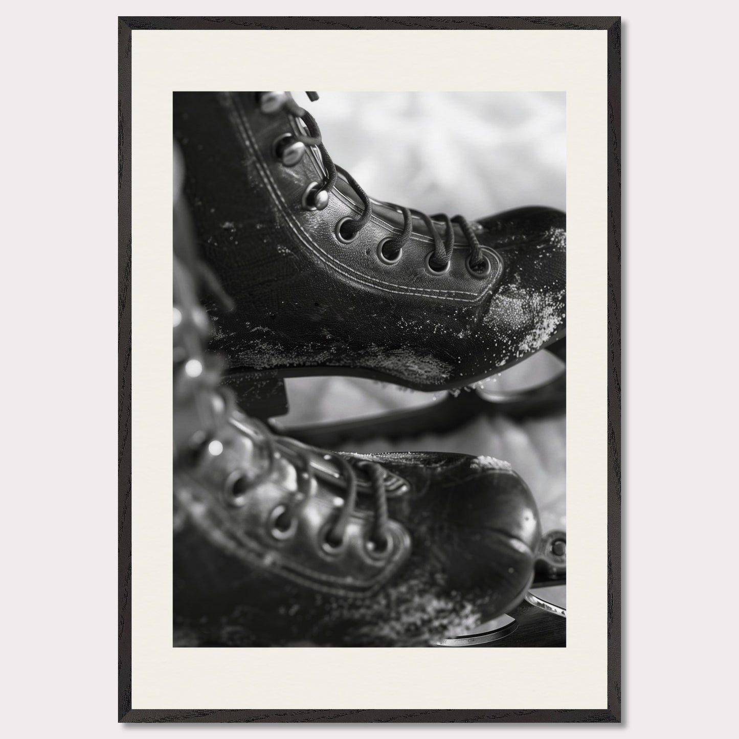 This illustration shows a close-up of a pair of ice skates with laces and blades, featuring a frosty texture. The black-and-white image captures the details of the skates, emphasizing their rugged and worn appearance.